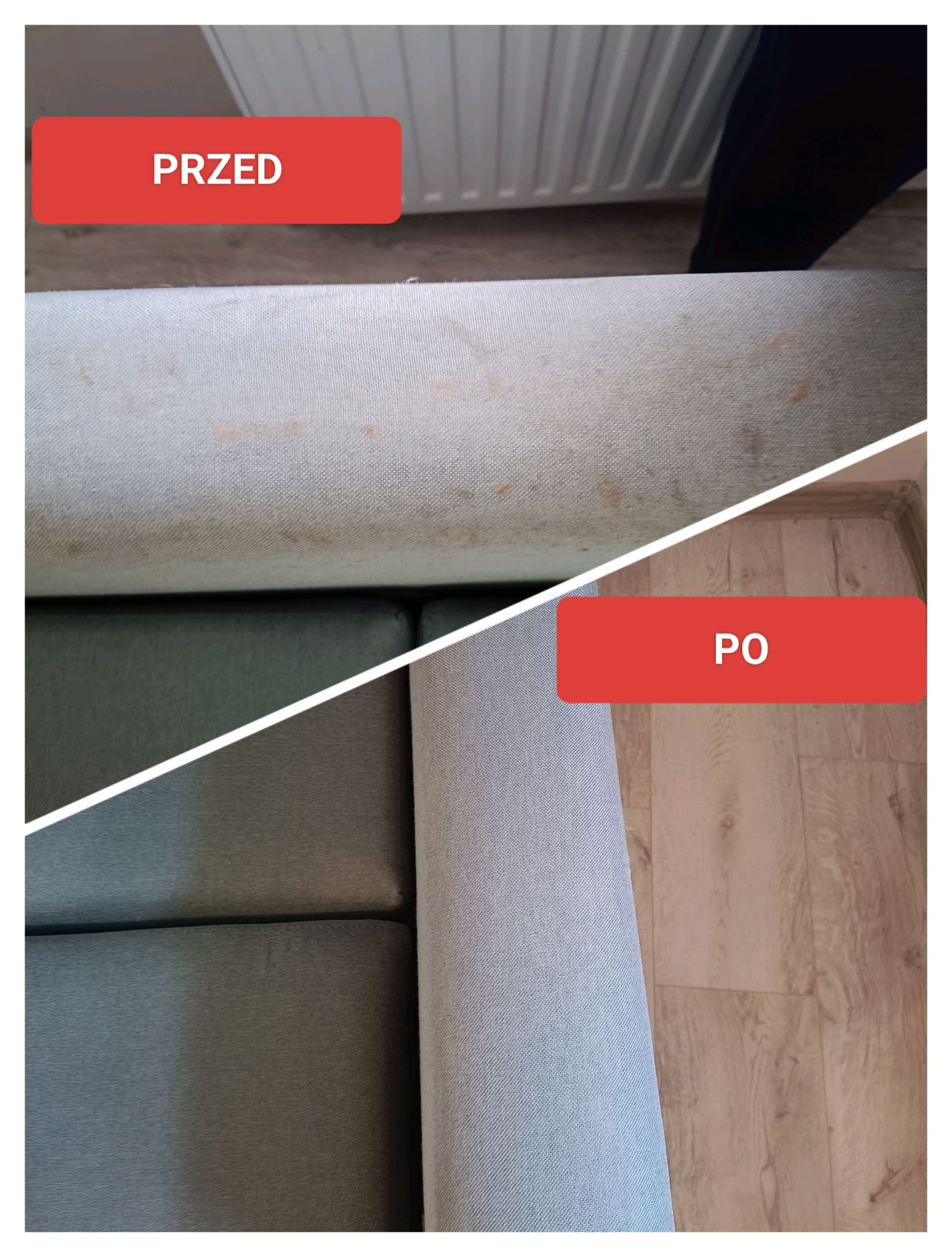 Zdjęcie 'przed i po' prezentujące efekt czyszczenia tapicerki kanapy. Górna część pokazuje zabrudzenia, dolna - czystą, odświeżoną powierzchnię. Widoczne fragmenty podłogi i grzejnika.