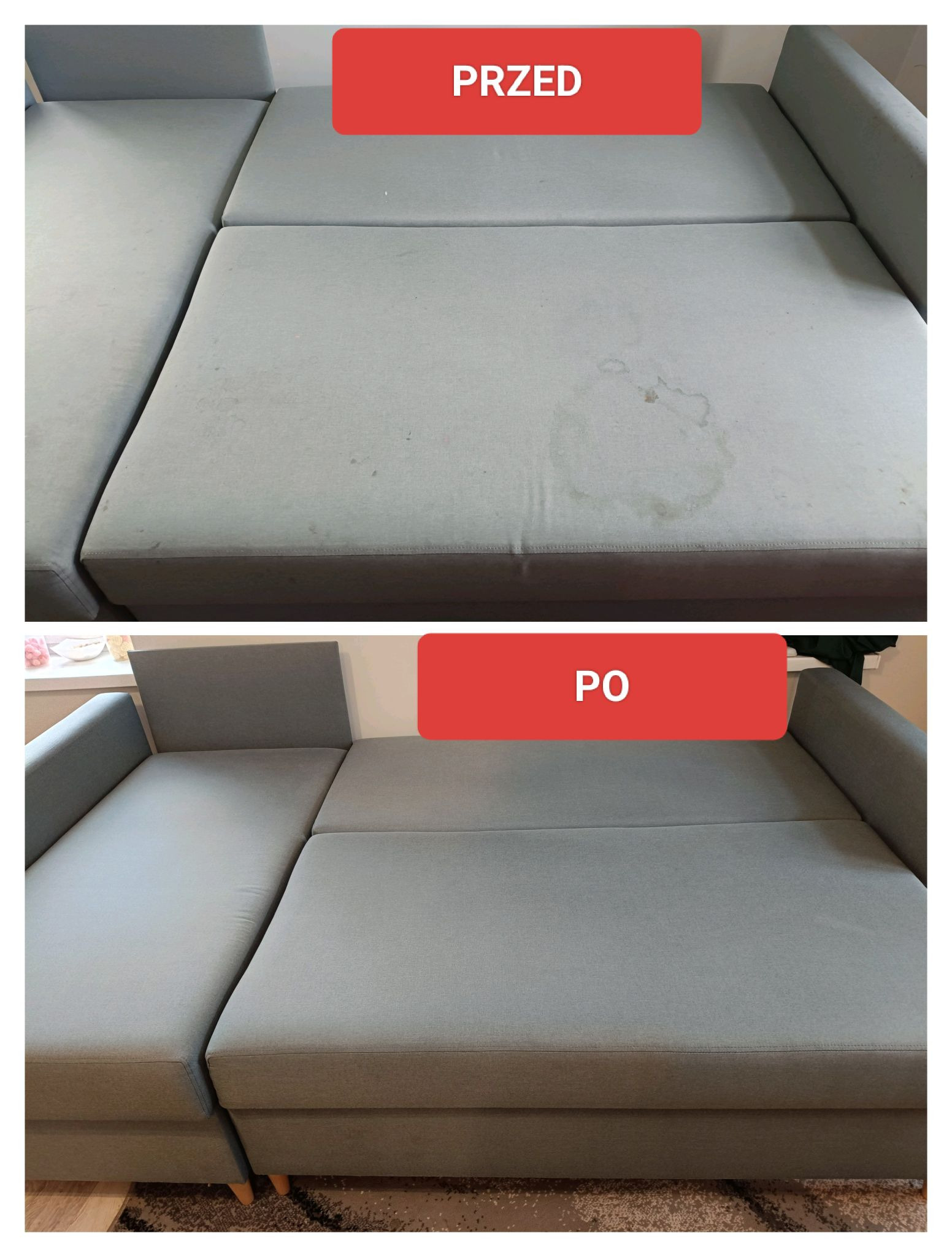 Szara kanapa modułowa: u góry widok 'przed' z plamami, u dołu 'po' - czysta tapicerka. Prezentacja efektu czyszczenia tapicerki meblowej.