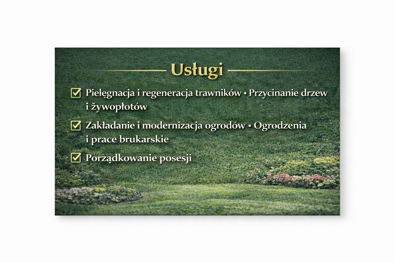 Grafika z listą usług ogrodniczych: pielęgnacja trawników, przycinanie drzew, zakładanie ogrodów, ogrodzenia, prace brukarskie, porządkowanie posesji na tle trawnika.
