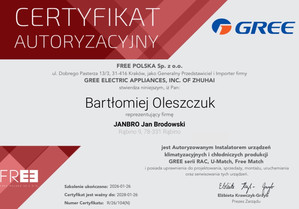 Certyfikat autoryzacyjny dla Bartłomieja Oleszczuka, instalatora urządzeń klimatyzacyjnych GREE. Dokument z logo firmy GREE i FREE POLSKA Sp. z o.o.