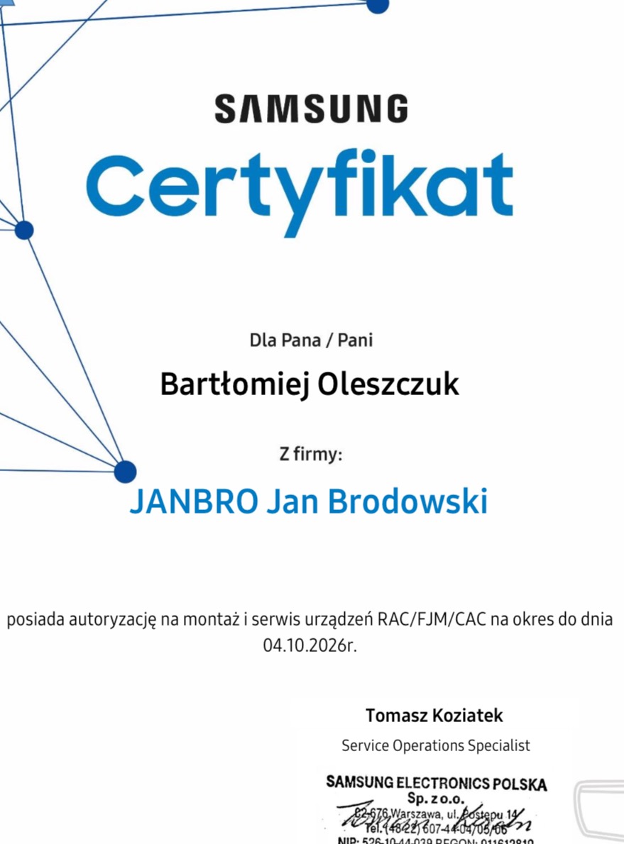 Certyfikat Samsung dla Bartłomieja Oleszczuka z firmy JANBRO Jan Brodowski, uprawniający do montażu i serwisu urządzeń RAC/FJM/CAC do 04.10.2026.