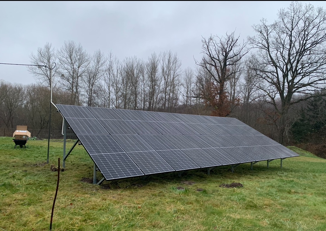 Panel fotowoltaiczny na trawiastym terenie, z widocznymi drzewami w tle i pochmurnym niebem. Widoczny wózek z kartonami. Instalacja naziemna.