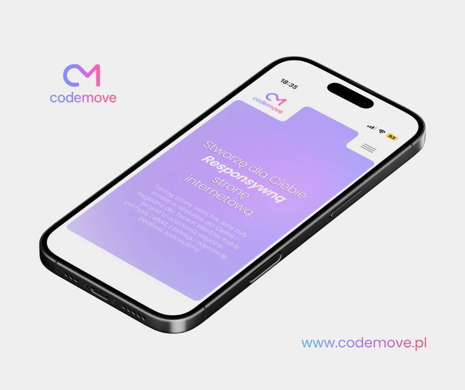 Czarny smartfon prezentuje responsywną stronę internetową Codemove z fioletowym tłem i hasłem 'Stworzę dla Ciebie responsywną stronę internetową'.
