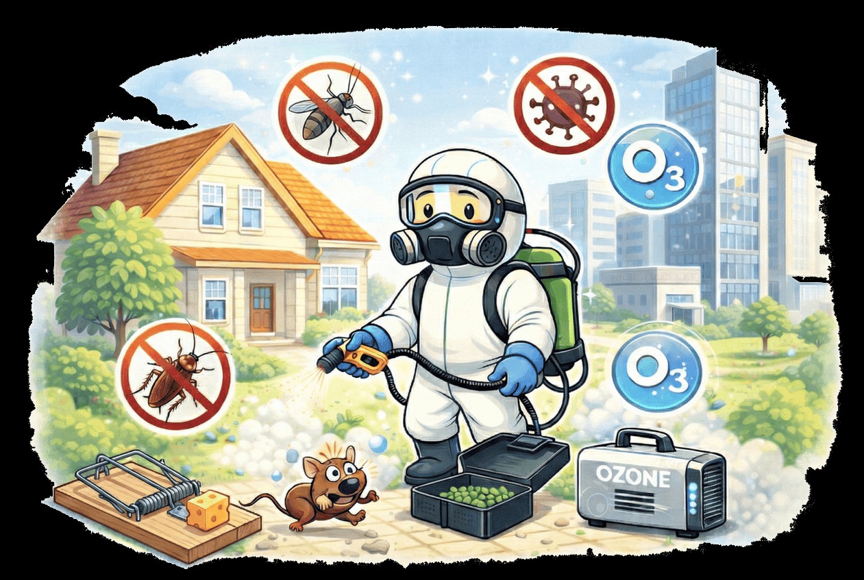 Ilustracja przedstawia pracownika w kombinezonie ochronnym podczas dezynfekcji domu. Widoczne symbole zakazu dla owadów, wirusów oraz urządzenie do ozonowania.
