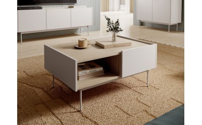 Stylowy stolik kawowy z półką na książki, na tle dywanu o wyraźnej fakturze. Minimalistyczny design, jasne kolory, nowoczesne wnętrze. Elementy dekoracyjne na blacie.