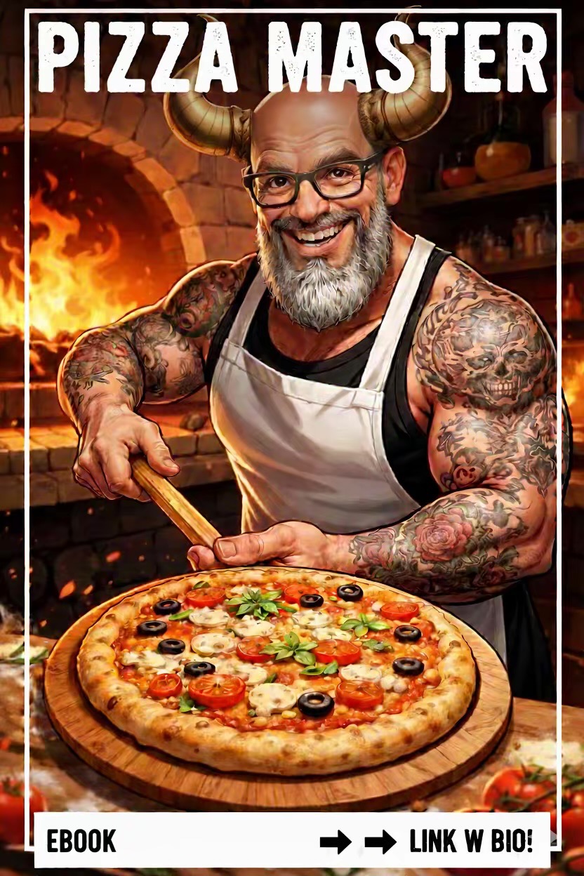 Ilustracja cyfrowa: Uśmiechnięty pizzaiolo z rogami, tatuażami i pizzą na tle pieca. Promocja e-booka z linkiem w bio.