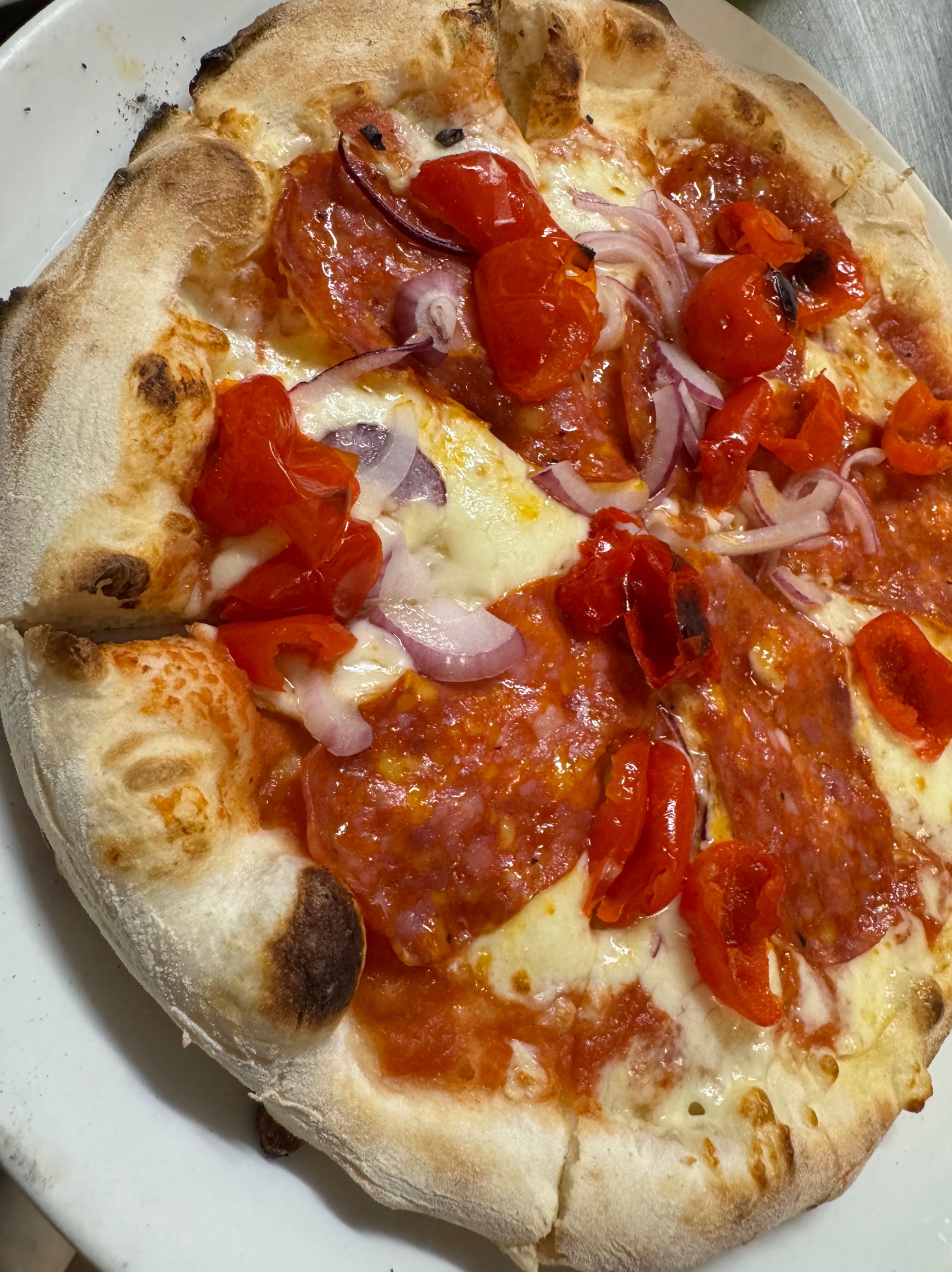 Neapolitańska pizza z salami, czerwoną cebulą i pieczoną papryką na cienkim cieście z lekko przypalonym brzegiem, serwowana na białym talerzu.