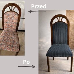 Veluro Jakub Sroka - Krzesło przed i po renowacji tapicerki. Po lewej stan pierwotny z wzorzystą tkaniną, po prawej odnowione krzesło z elegancką, prążkowaną tapicerką w odcieniach szarości.