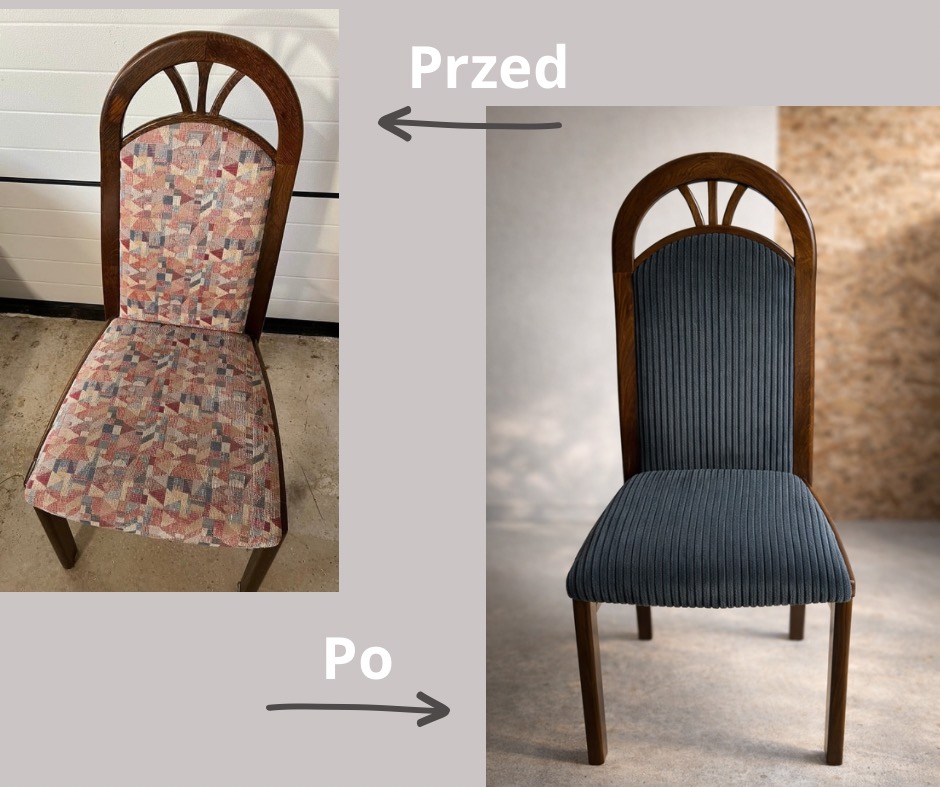 Krzesło przed i po renowacji tapicerki. Po lewej stan pierwotny z wzorzystą tkaniną, po prawej odnowione krzesło z elegancką, prążkowaną tapicerką w odcieniach szarości.