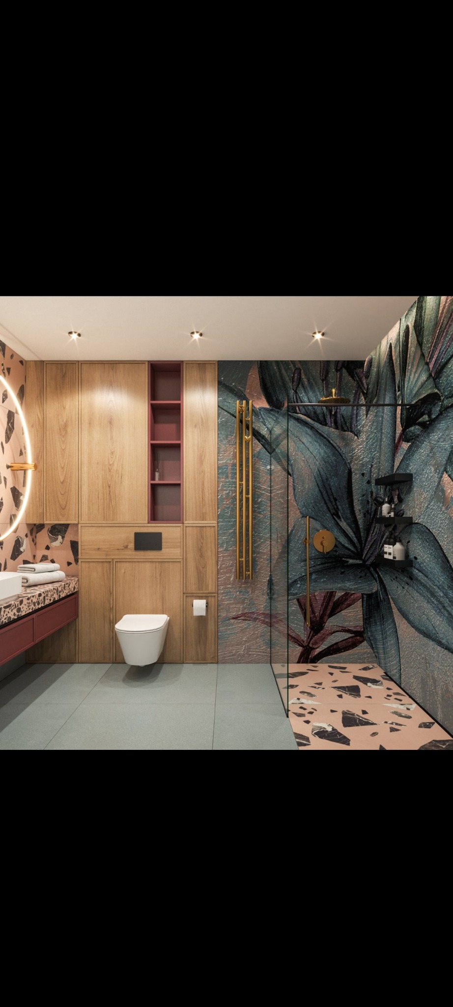 Nowoczesna aranżacja łazienki w Kazimierzy Wielkiej: drewniane szafki, toaleta podtynkowa, kabina prysznicowa z motywem roślinnym i mozaikowa posadzka.