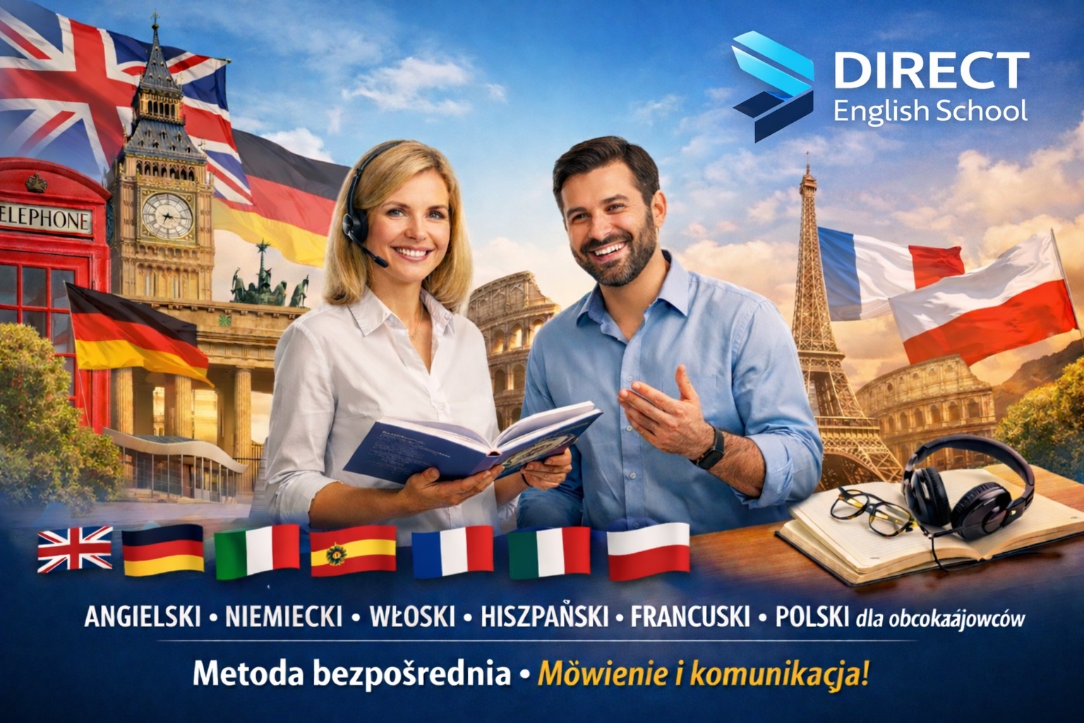 Lektorzy szkoły językowej Direct English School z książką na tle flag i zabytków europejskich. Metoda bezpośrednia, mówienie i komunikacja.