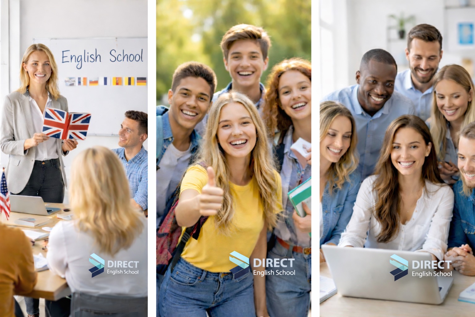 Kolaż: Lekcja angielskiego z flagą UK, grupa uśmiechniętych nastolatków i studenci z laptopem. Logo szkoły językowej w dolnej części każdego kadru.