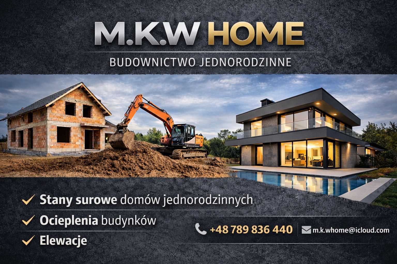 Budowa domu jednorodzinnego: stan surowy otwarty obok nowoczesnej willi z basenem, z koparką w tle. Reklama firmy M.K.W HOME z numerem telefonu i adresem e-mail.