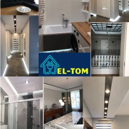 EL-TOM Usługi Elektryczne - Kolaż wnętrz z oświetleniem: salon z sofą, łazienka z wanną, korytarz z ledami, jadalnia z lampą, kuchnia z oknem i logo firmy EL-TOM na środku.