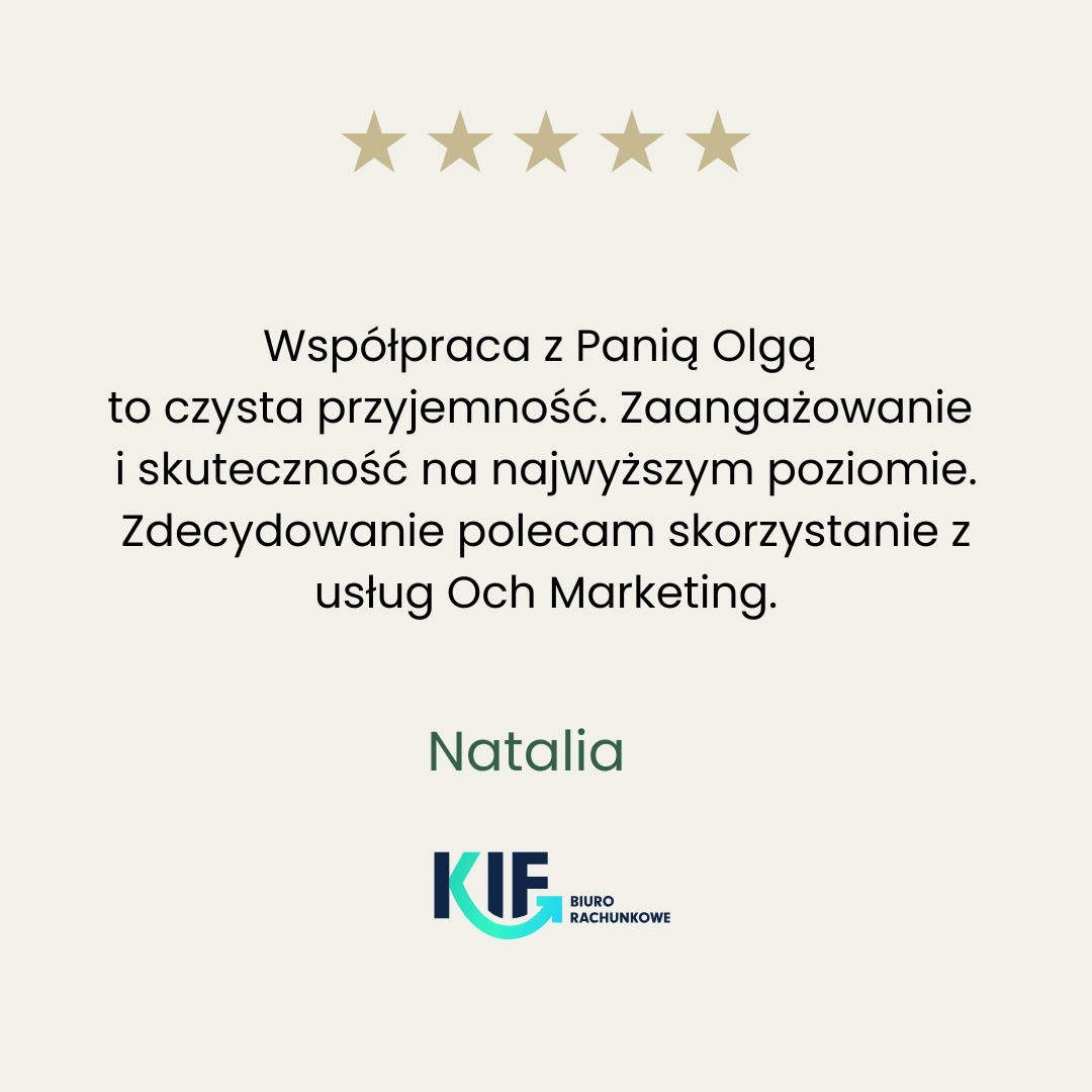 Referencja dla Och Marketing z pięcioma gwiazdkami, podpisana przez Natalię, z logo KIF Biuro Rachunkowe w dolnej części. Jasne tło, minimalistyczny design.