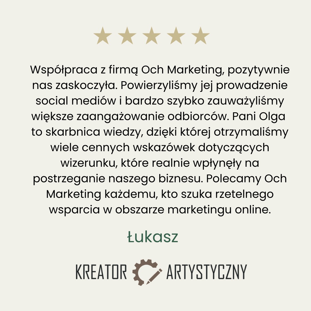 Referencje dla Och Marketing: tekst z czterema gwiazdkami, pozytywna opinia o prowadzeniu social mediów i wzroście zaangażowania odbiorców, podpisane przez Łukasza.
