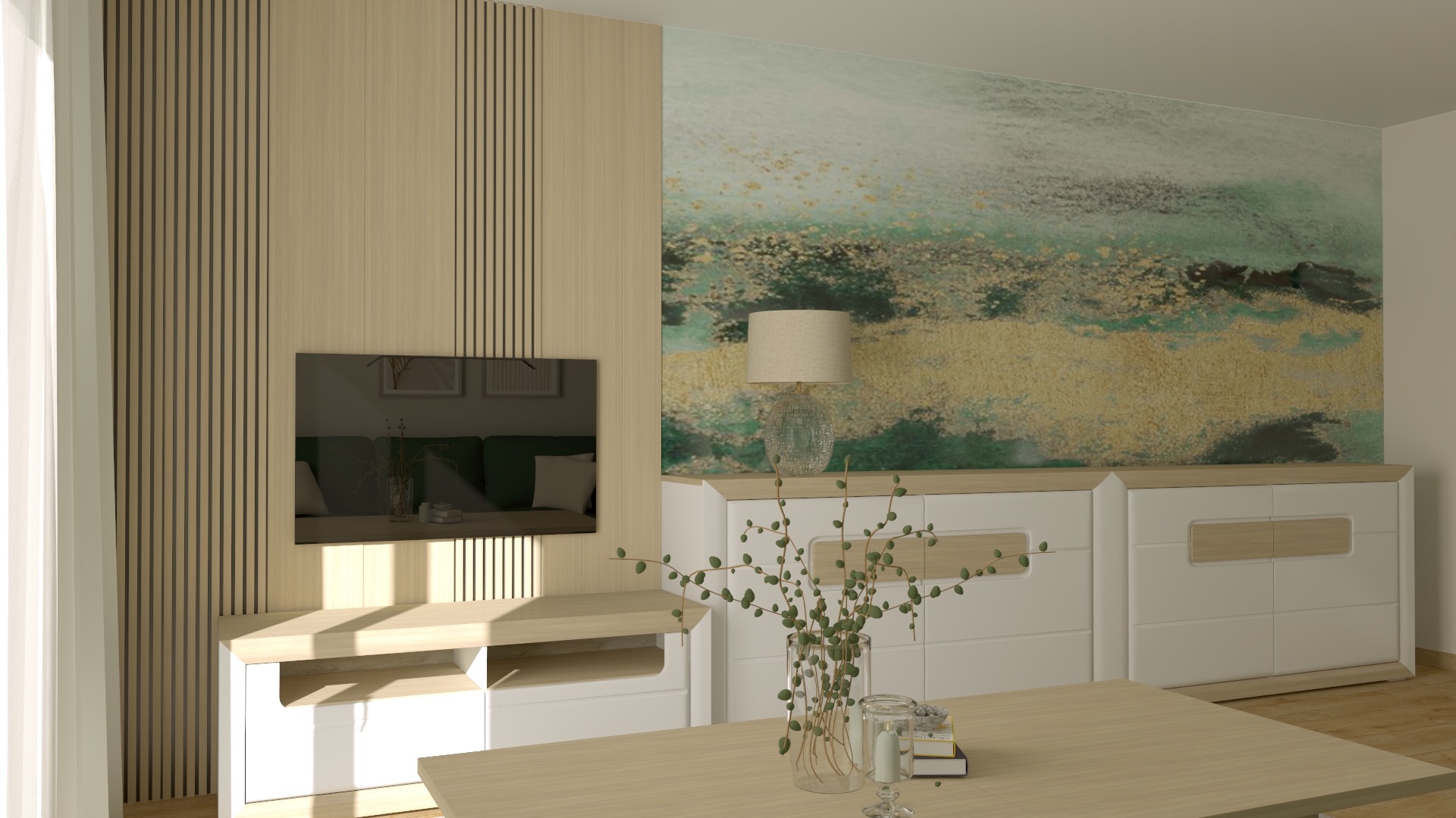 Jasne wnętrze salonu z drewnianą ścianą z lamelami, telewizorem, komodą i abstrakcyjnym obrazem. Na stole wazon z gałązkami i książki.