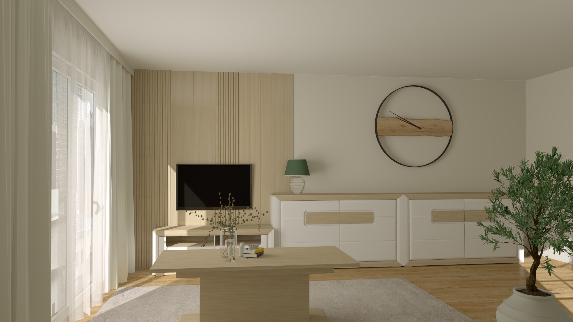 Jasne wnętrze salonu z drewnianymi akcentami: telewizor, komoda, stół i dekoracyjny zegar na ścianie. Minimalistyczny design z rośliną w doniczce.