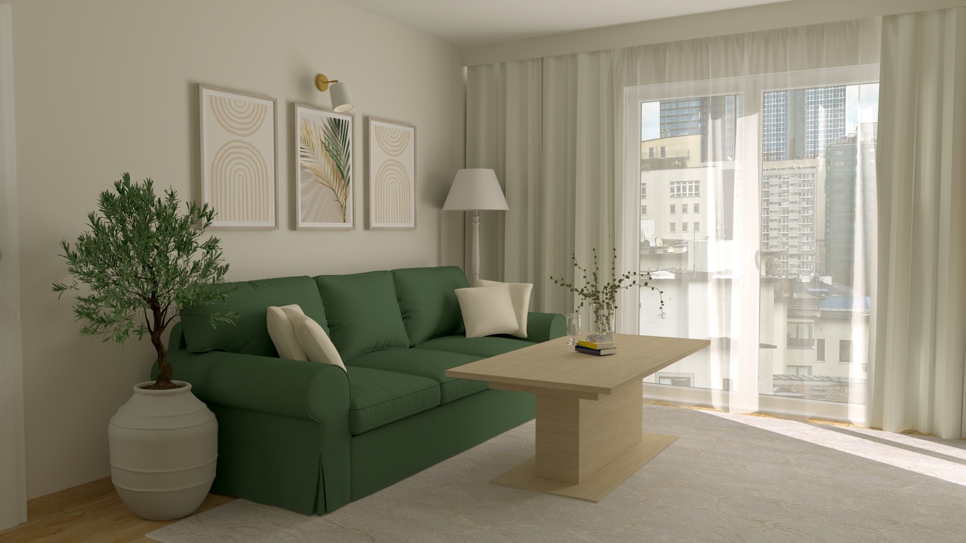 Salon z zieloną sofą, drewnianym stolikiem i rośliną w donicy. Na ścianie wiszą trzy abstrakcyjne obrazy. Za oknem widok na miasto.