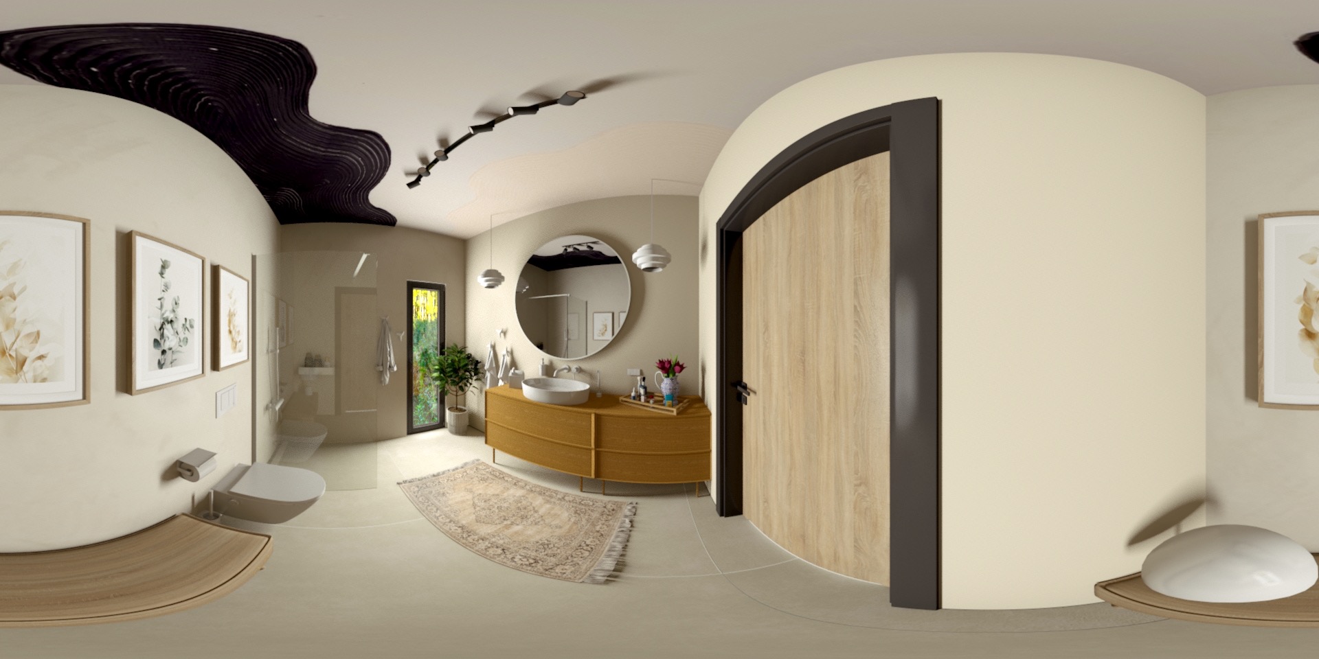 Minimalistyczna łazienka z beżowym mikrocementem na ścianach, okrągłym lustrem nad drewnianą szafką i dekoracyjnym dywanem. Widok panoramiczny 360 stopni.