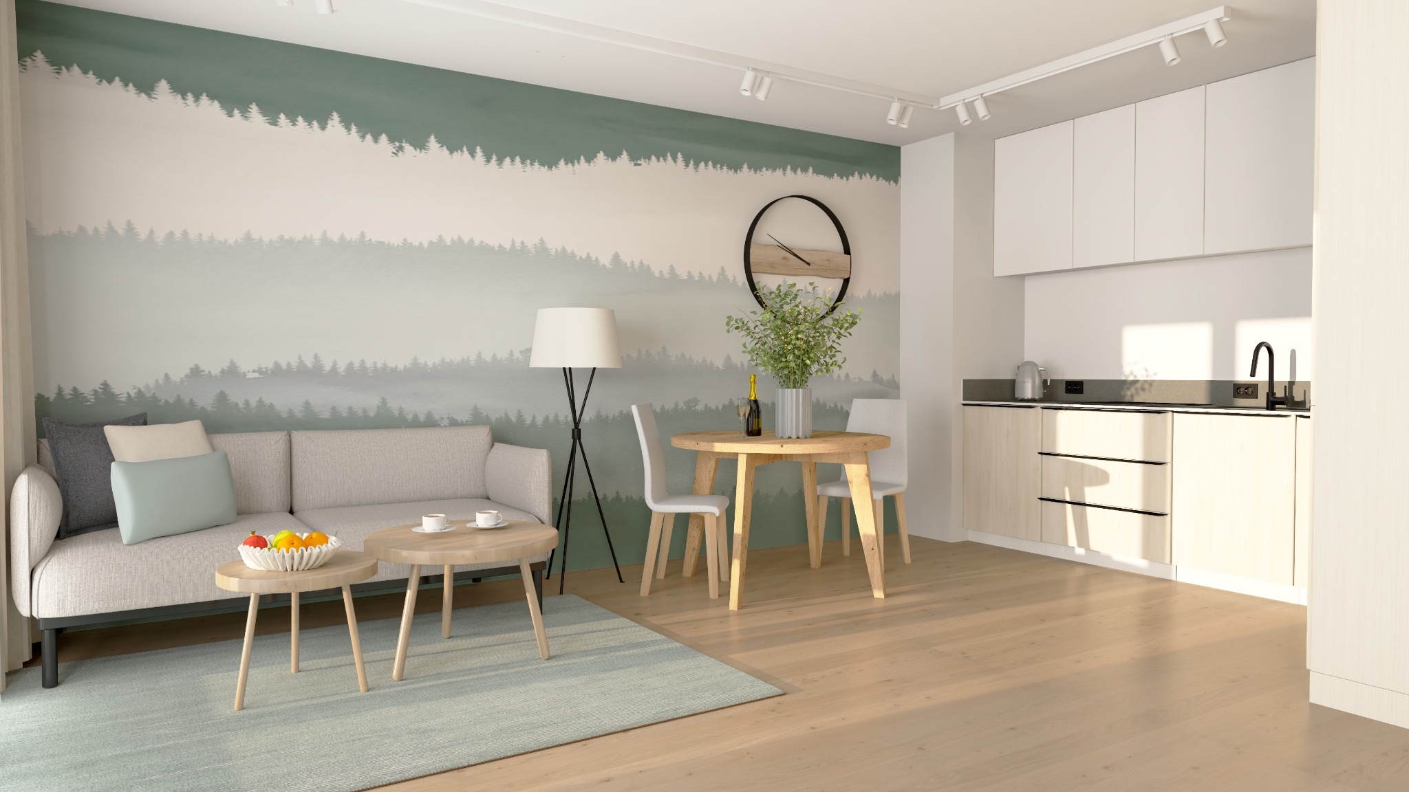 Jasne wnętrze z sofą, stolikami kawowymi, okrągłym stołem jadalnym i aneksem kuchennym. Na ścianie fototapeta z motywem lasu. Minimalistyczny design.