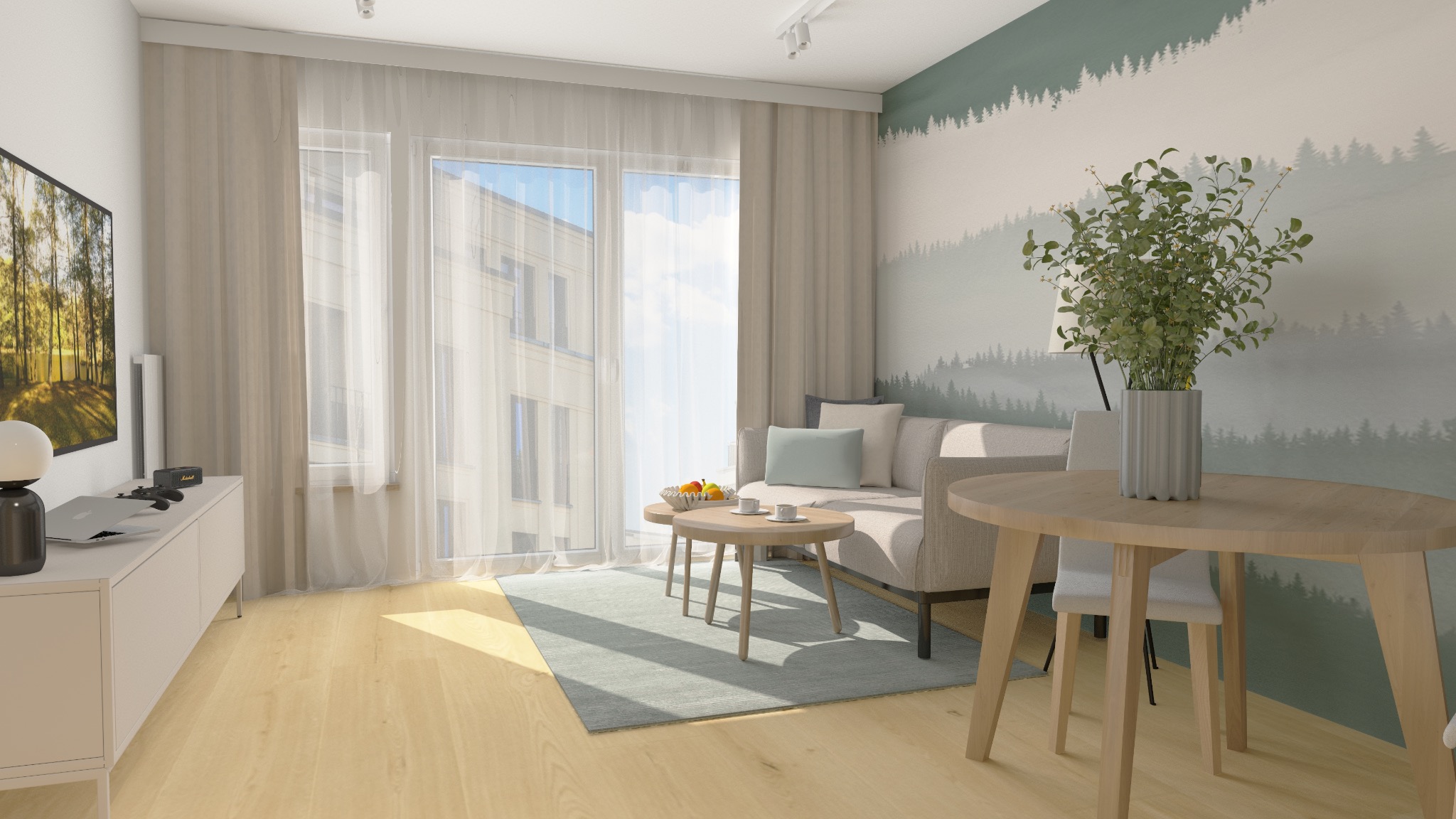 Jasne wnętrze salonu z drewnianą podłogą, okrągłym stołem i kanapą. Na ścianie dekoracyjny motyw leśny. Duże okno z widokiem na budynek.