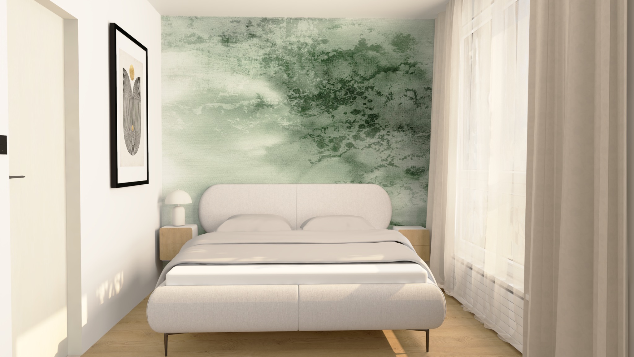 Jasna sypialnia z łóżkiem na tle ściany w odcieniach zieleni. Minimalistyczny design, drewniana podłoga, subtelne oświetlenie i grafika na ścianie.