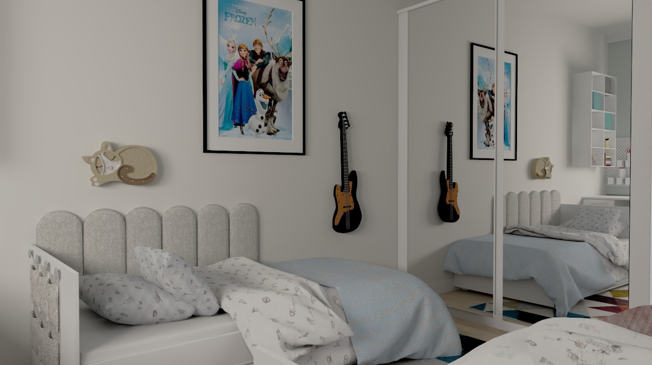 Pokój dziecięcy z łóżkiem, gitarą na ścianie i plakatem z Krainy Lodu. Widok z perspektywy dziecka, jasne kolory, minimalistyczny styl.