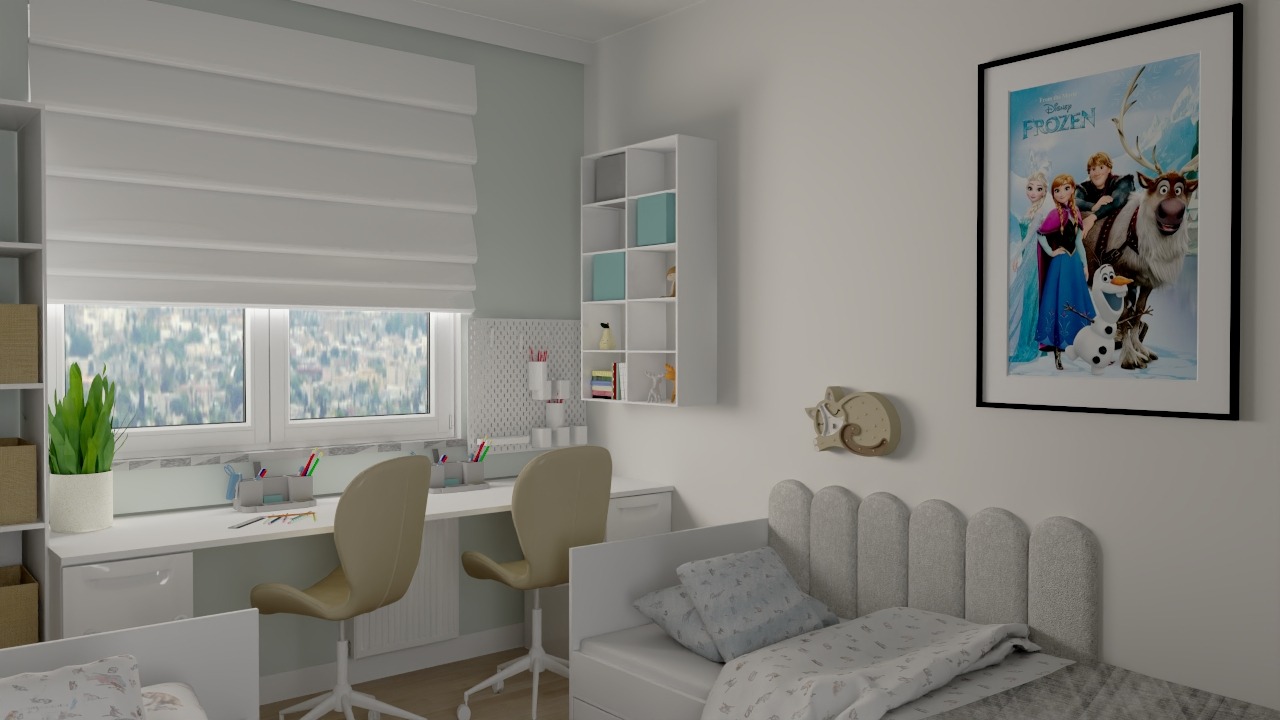 Pokój dziecięcy z dwoma biurkami pod oknem, łóżkiem z wezgłowiem w kształcie chmur i plakatem z motywem 'Frozen'. Jasne kolory, minimalistyczny styl.