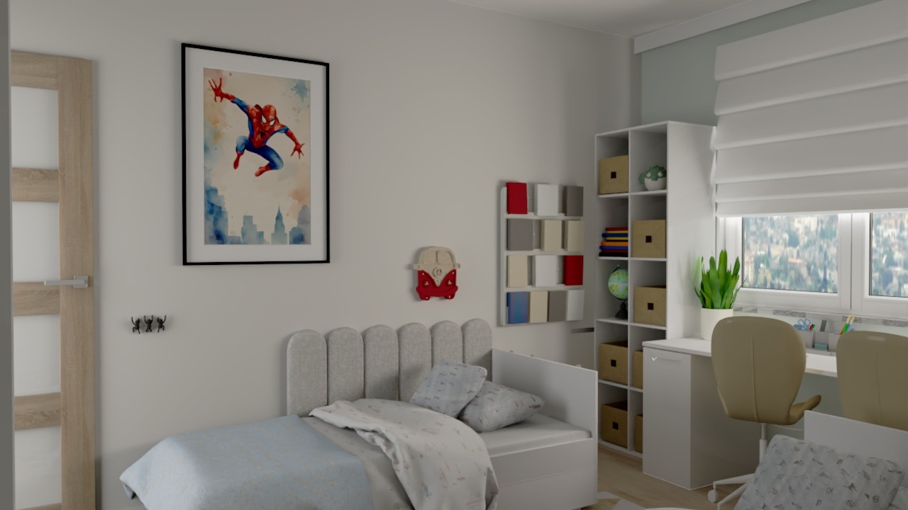 Pokój dziecięcy z łóżkiem, biurkiem i regałem. Na ścianie plakat z motywem Spidermana i dekoracje. Jasne kolory, nowoczesny design, przytulna aranżacja.
