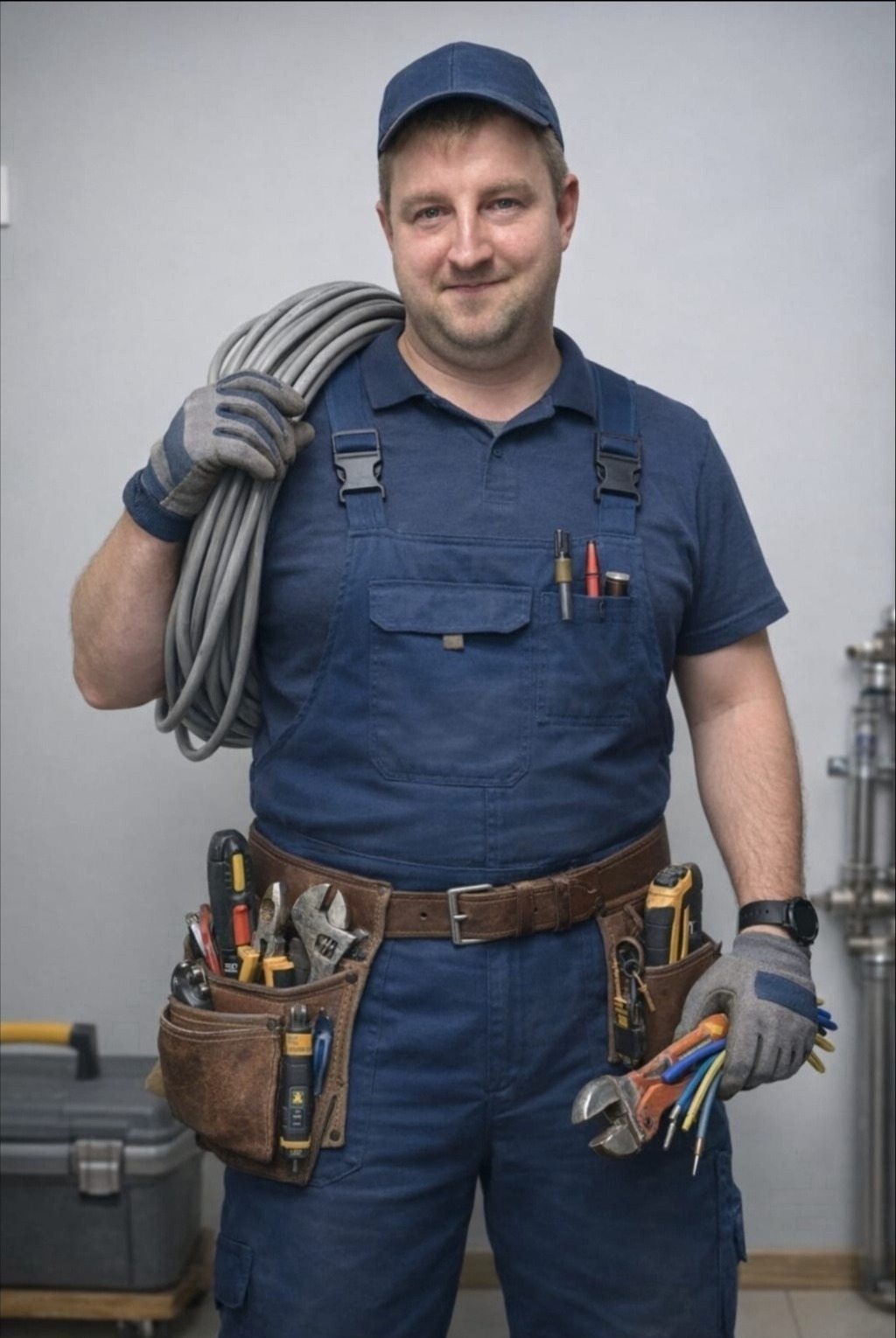Uśmiechnięty hydraulik w niebieskim kombinezonie, z narzędziami w pasie i kablem na ramieniu, pozuje na tle instalacji. Widoczny kufer narzędziowy.