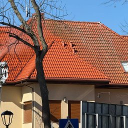 Mycie wysokociśnieniowe Michał Ługowski - Ceglasty dach domu z widocznym zabrudzeniem i mchem, kontrastujący z błękitnym niebem. W kadrze drzewo i znak przejścia dla pieszych.