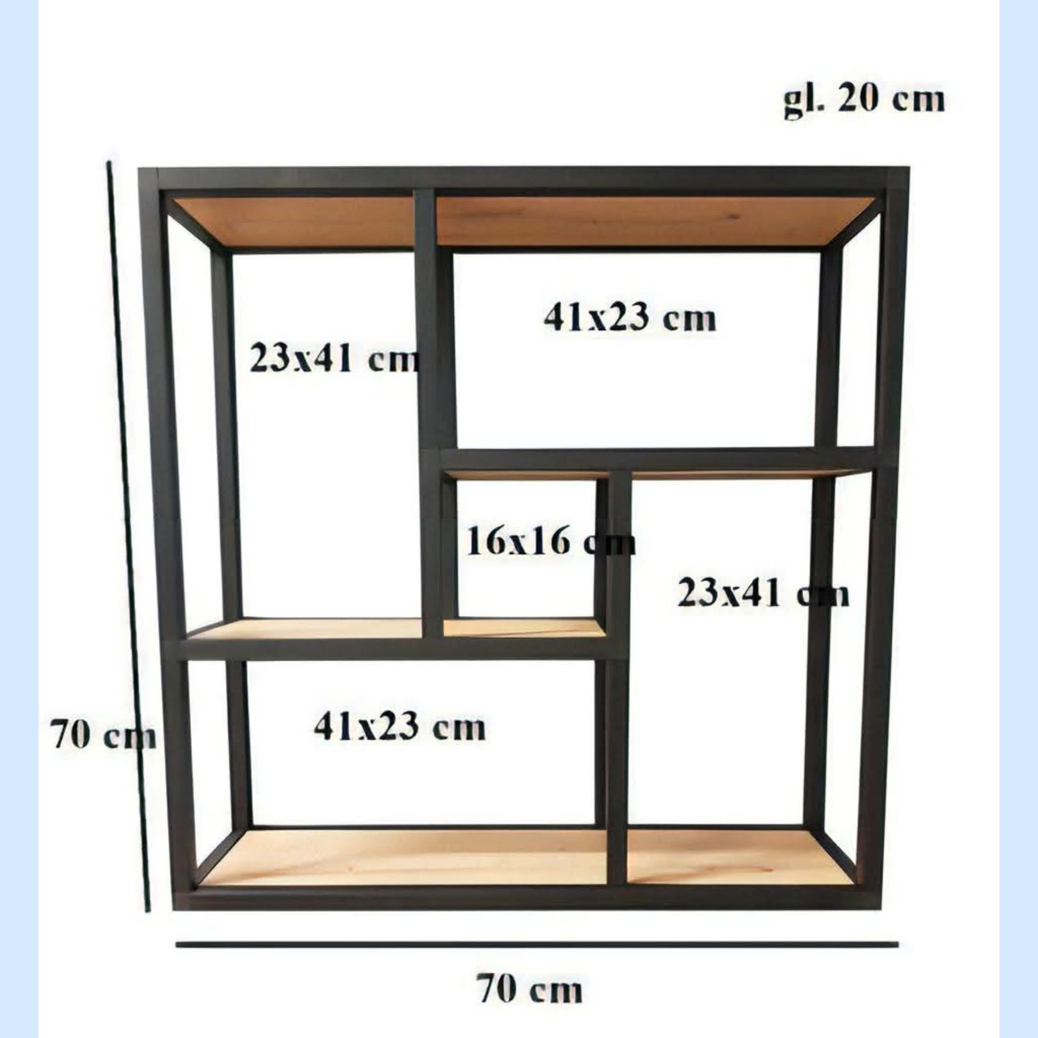 Metalowa konstrukcja regału z drewnianymi półkami, z wymiarami poszczególnych elementów naniesionymi na zdjęcie. Prezentacja produktu ślusarskiego.