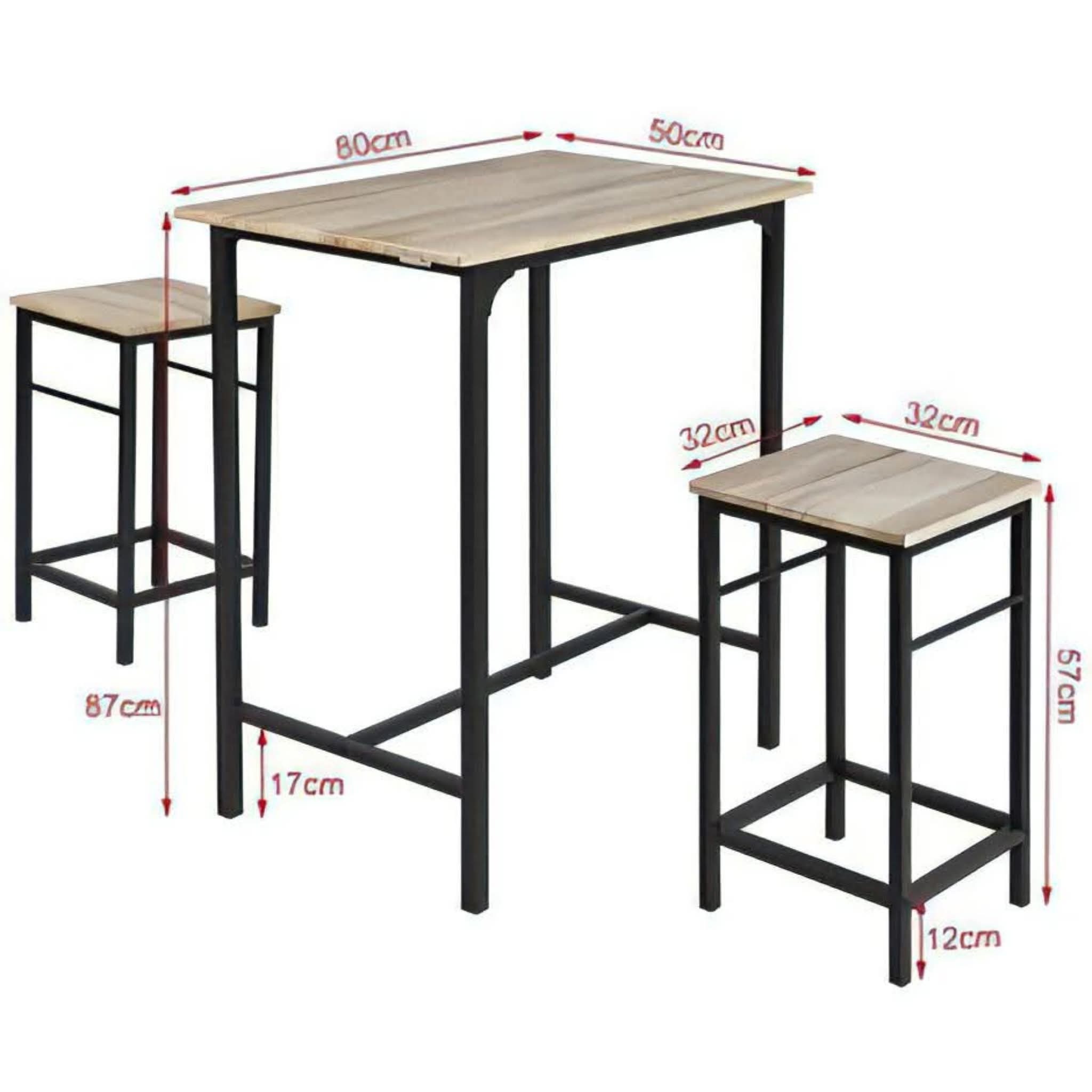 Stół barowy z dwoma stołkami, czarne metalowe nogi, blaty w kolorze jasnego drewna, wymiary zaznaczone na zdjęciu, widok z przodu na białym tle.
