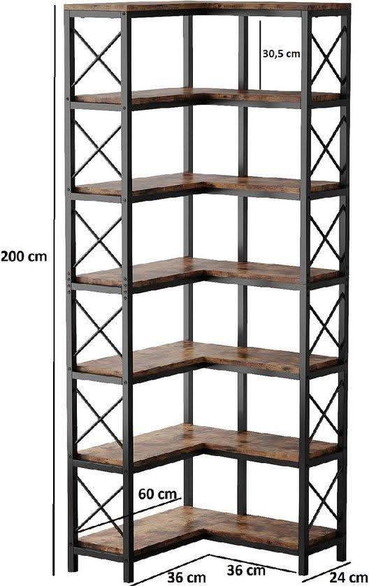 Wysoki, narożny regał z ciemnego drewna i czarnej metalowej ramy, z widocznymi wymiarami na zdjęciu, prezentujący industrialny styl.