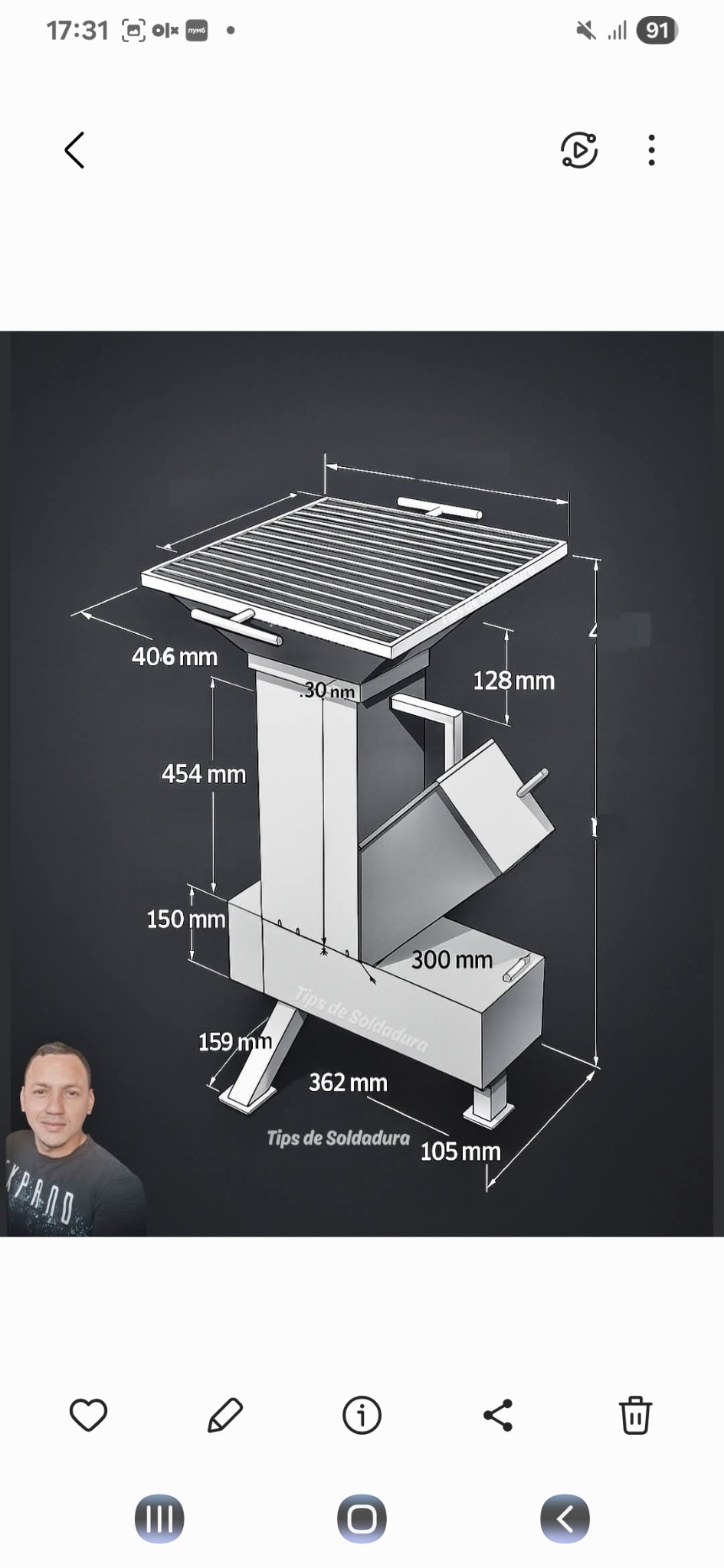 Schemat techniczny spawanej konstrukcji metalowej z wymiarami, na ciemnym tle. Widoczny profil osoby w lewym dolnym rogu. Napis 'Tips de Soldadura'.