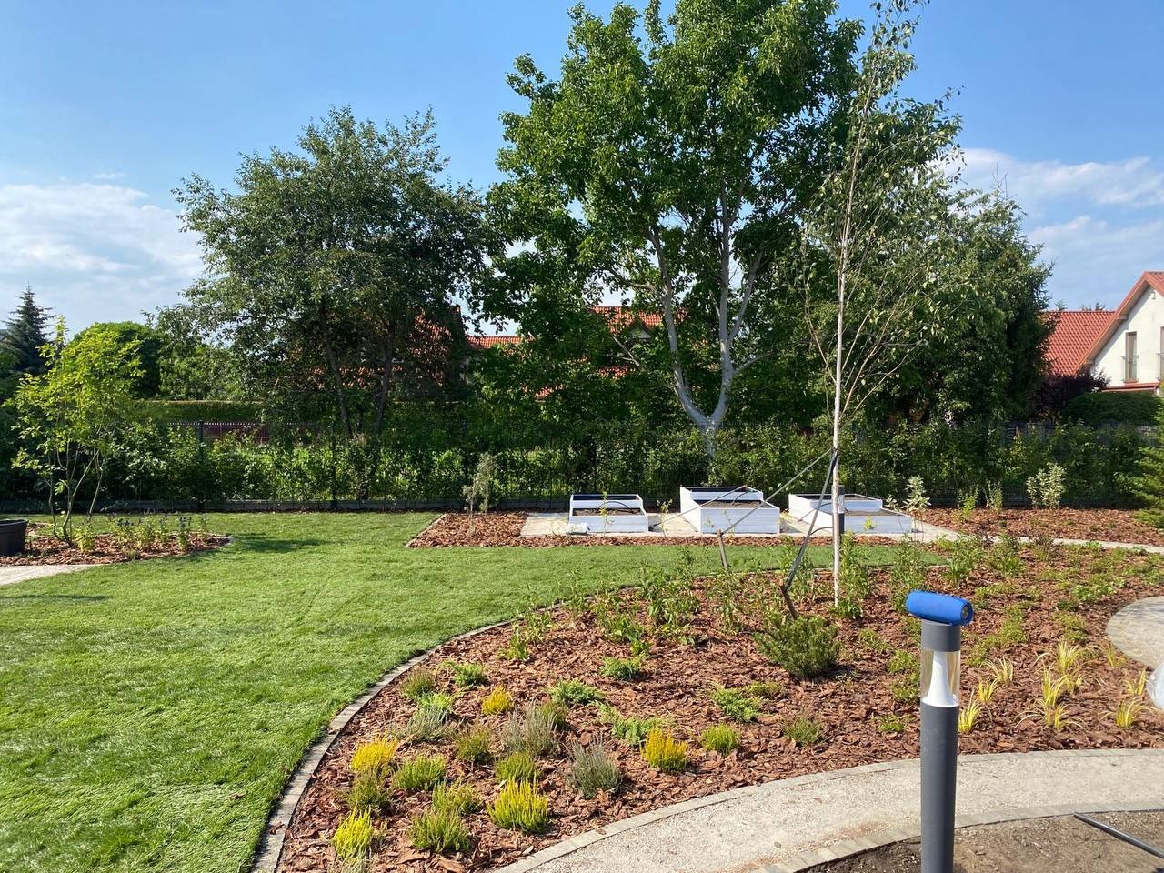 Nowoczesny ogród po realizacji w Warszawie: trawnik, rabaty z korą, lampa ogrodowa i drzewa. Białe donice w tle dodają elegancji.