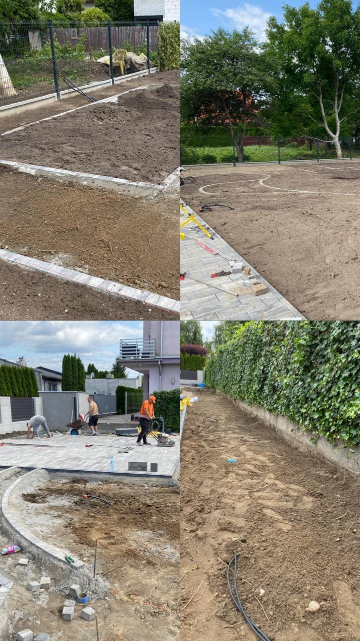 Układanie kostki brukowej na posesji: ekipa w pracy, widoczne etapy przygotowania terenu, obrzeża, częściowo ułożona kostka, zagęszczarka. Prace ziemne i brukarskie w toku.