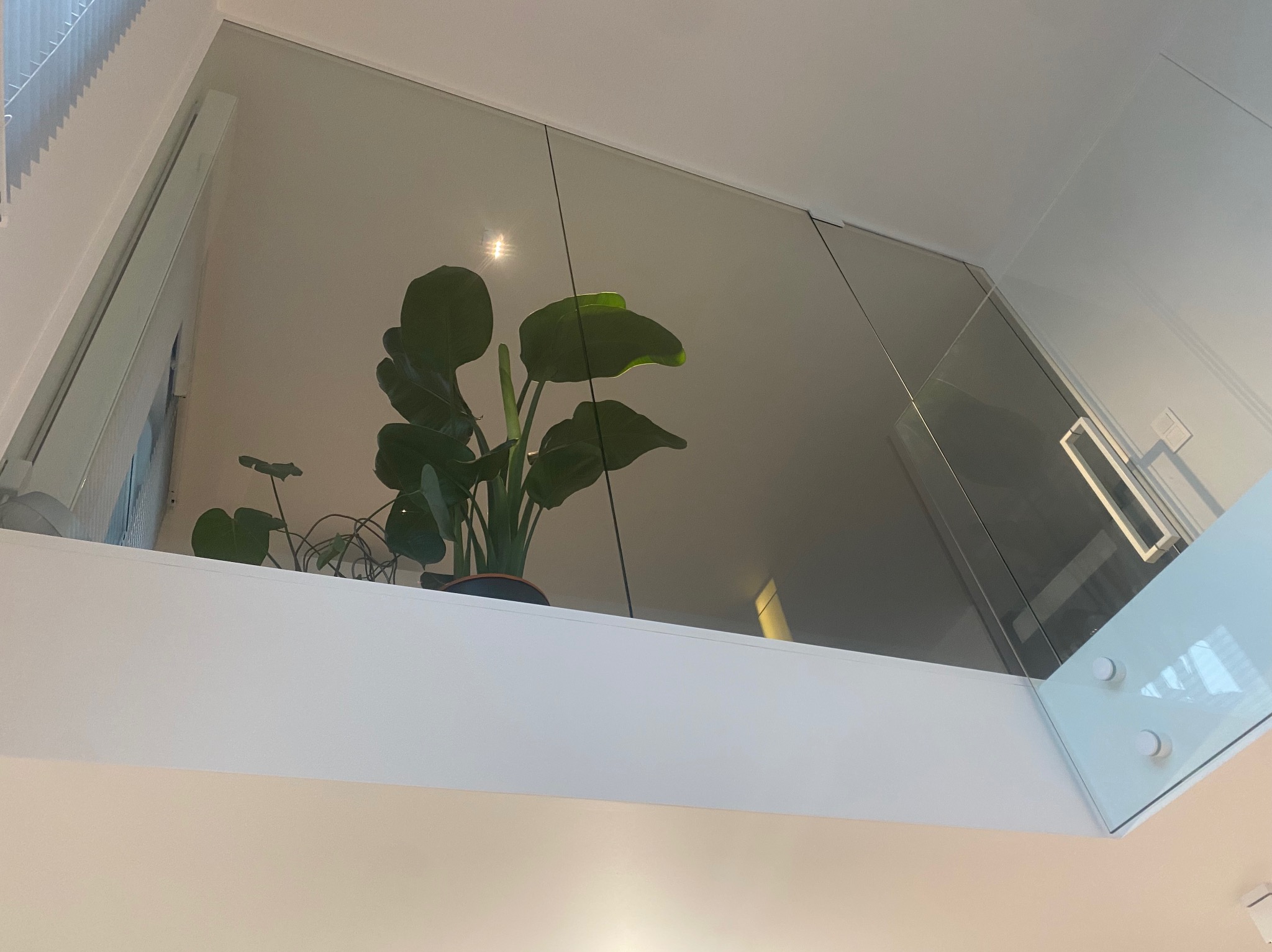 Minimalistyczna szklana balustrada wewnętrzna z rośliną doniczkową, widok z dołu, jasne wnętrze, nowoczesny design.