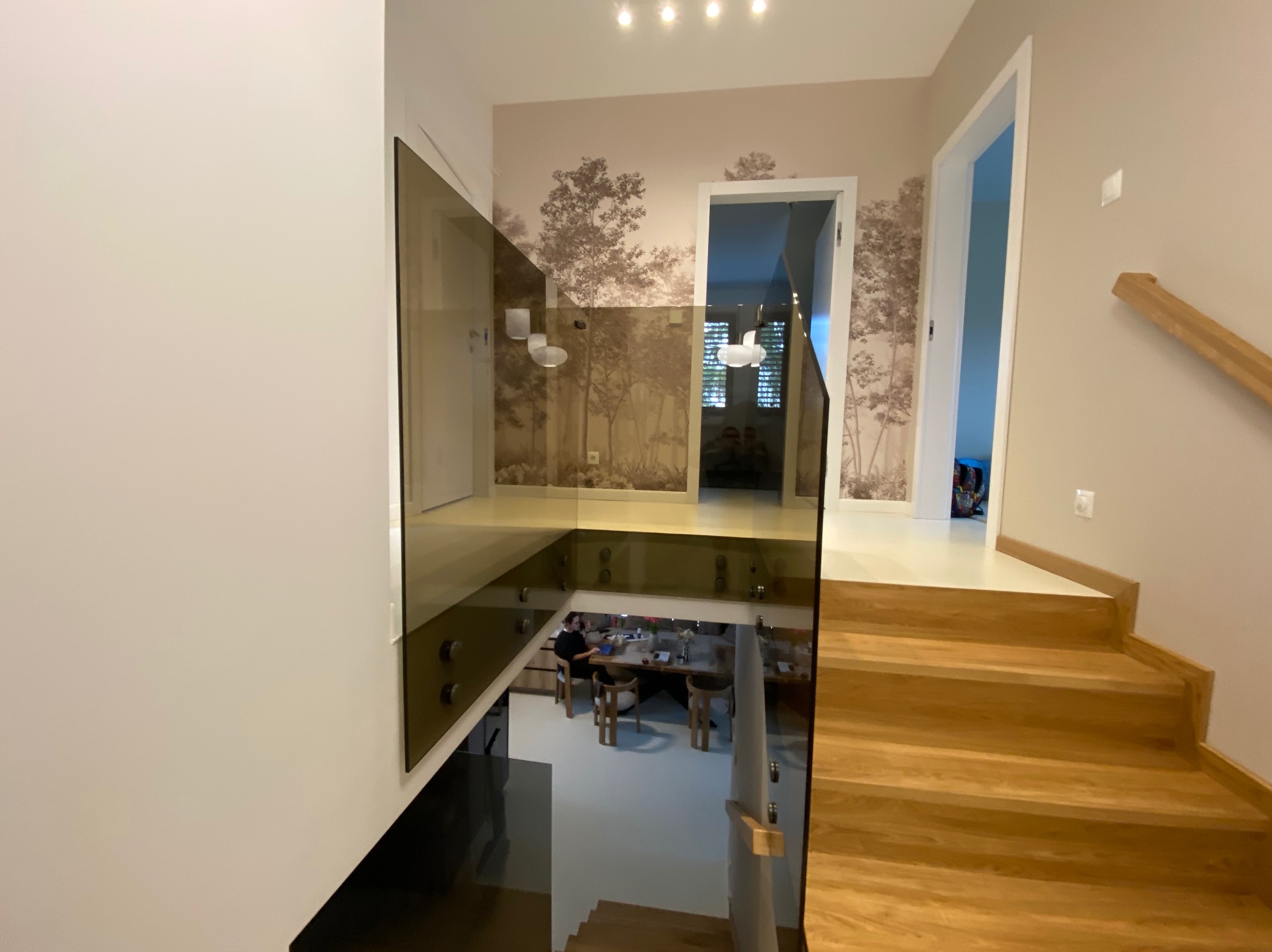 Nowoczesna, brązowa balustrada szklana na schodach z drewnianymi stopniami. W tle widoczna tapeta z motywem drzew i osoba przy stole w dolnej części domu.