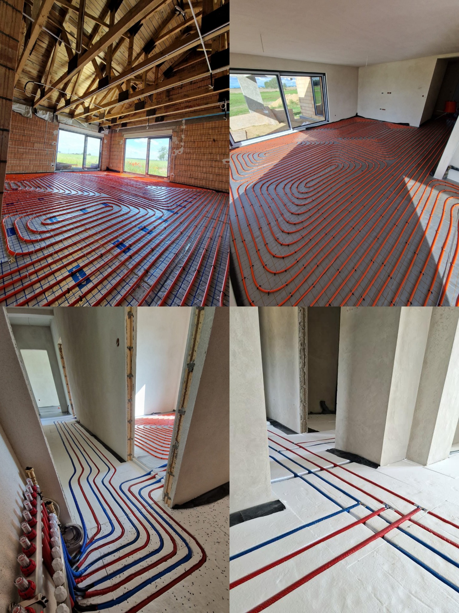 Kompozycja czterech ujęć: instalacja ogrzewania podłogowego z rurkami w kolorze pomarańczowym, czerwonym i niebieskim, w surowym stanie budynku, przed wylaniem posadzki.