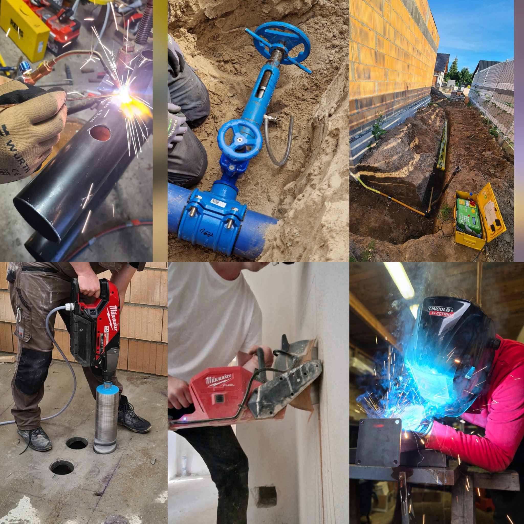 Montaż instalacji: spawanie rur, wykop z zaworem, wiercenie w betonie i ścianie. Różne etapy prac instalacyjnych z użyciem narzędzi Milwaukee i Lincoln Electric.