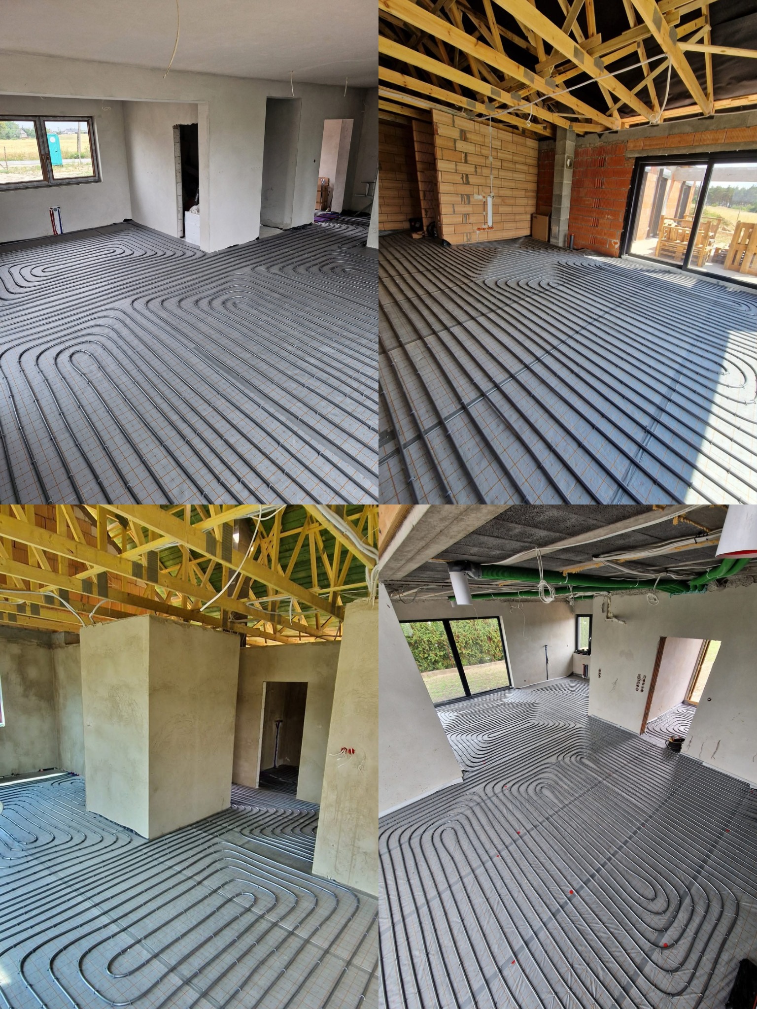 Cztery ujęcia wnętrza w trakcie instalacji ogrzewania podłogowego: rury ułożone na izolacji, widoczne elementy konstrukcyjne budynku, surowy stan wykończenia.