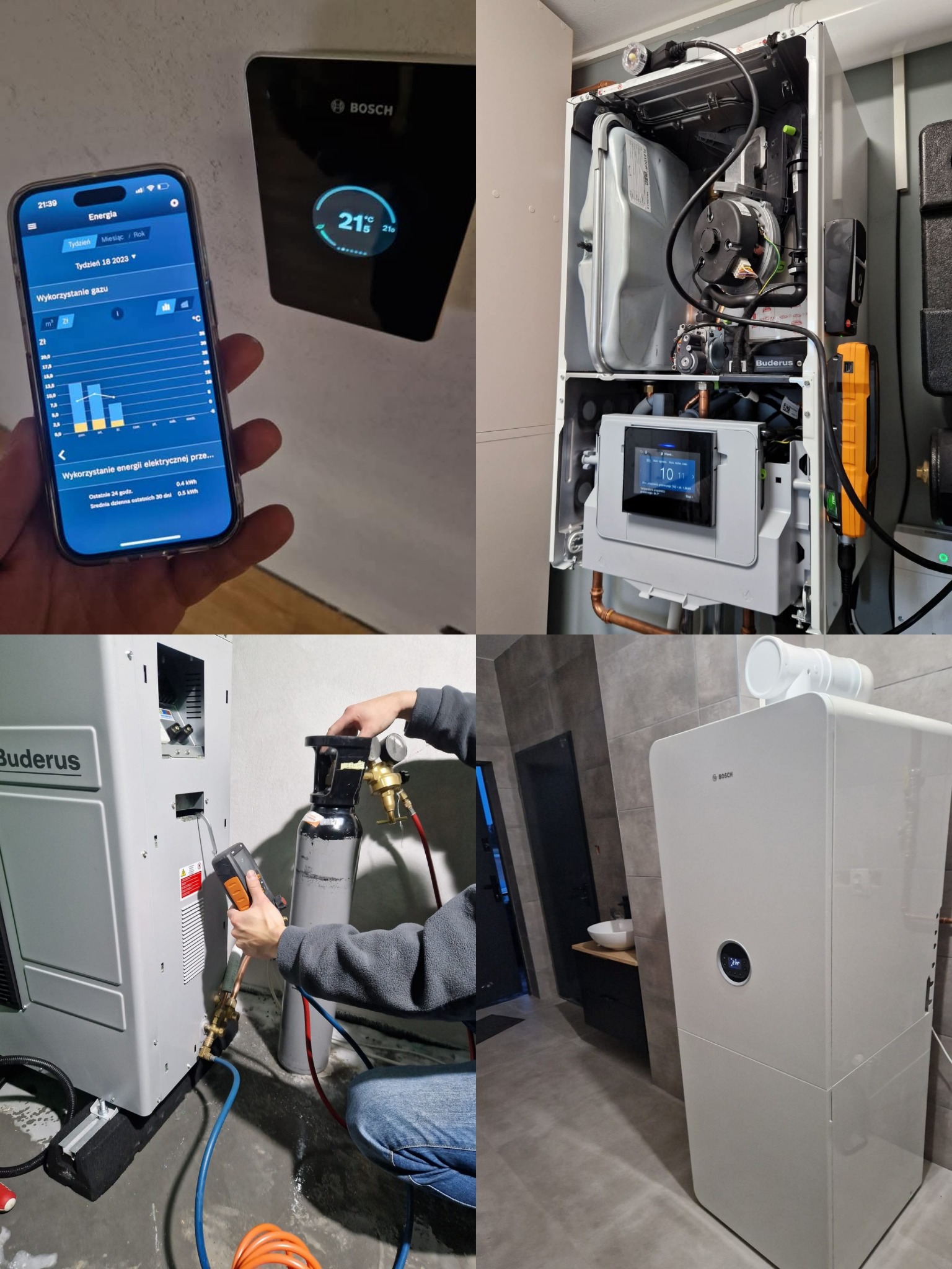 Cztery kadry: aplikacja monitorująca zużycie energii, otwarty piec gazowy, serwisant przy pracy i gotowy piec gazowy w łazience. Nowoczesne urządzenia.