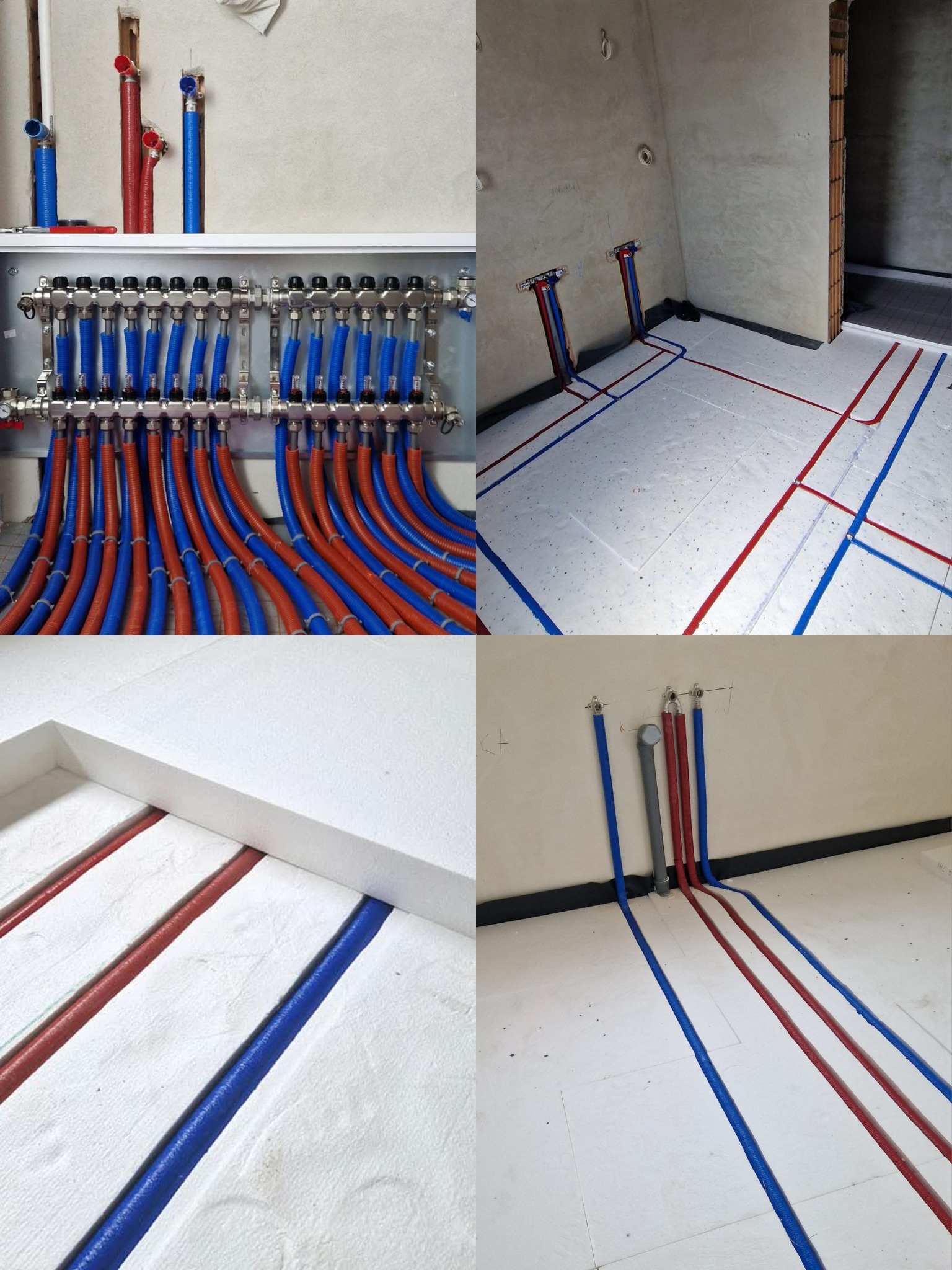 Rozdzielacz ogrzewania podłogowego z rurami w kolorze niebieskim i czerwonym, ułożonymi na białym styropianie. Widoczne fragmenty instalacji w ścianach.