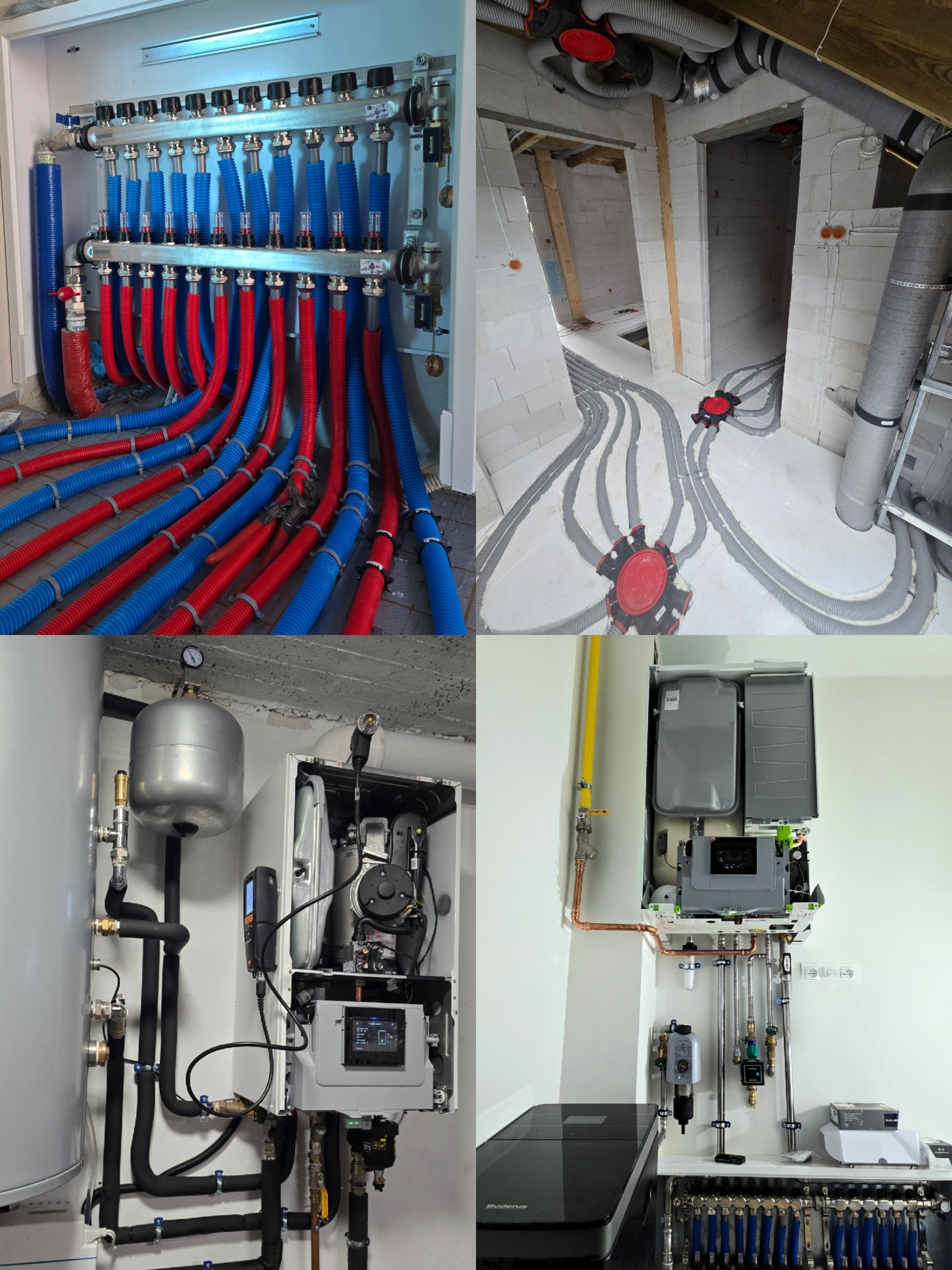 Kolektor ogrzewania podłogowego z rurami w kolorze niebieskim i czerwonym, instalacja grzewcza w surowym wnętrzu, oraz zamontowany piec gazowy z podłączeniami.