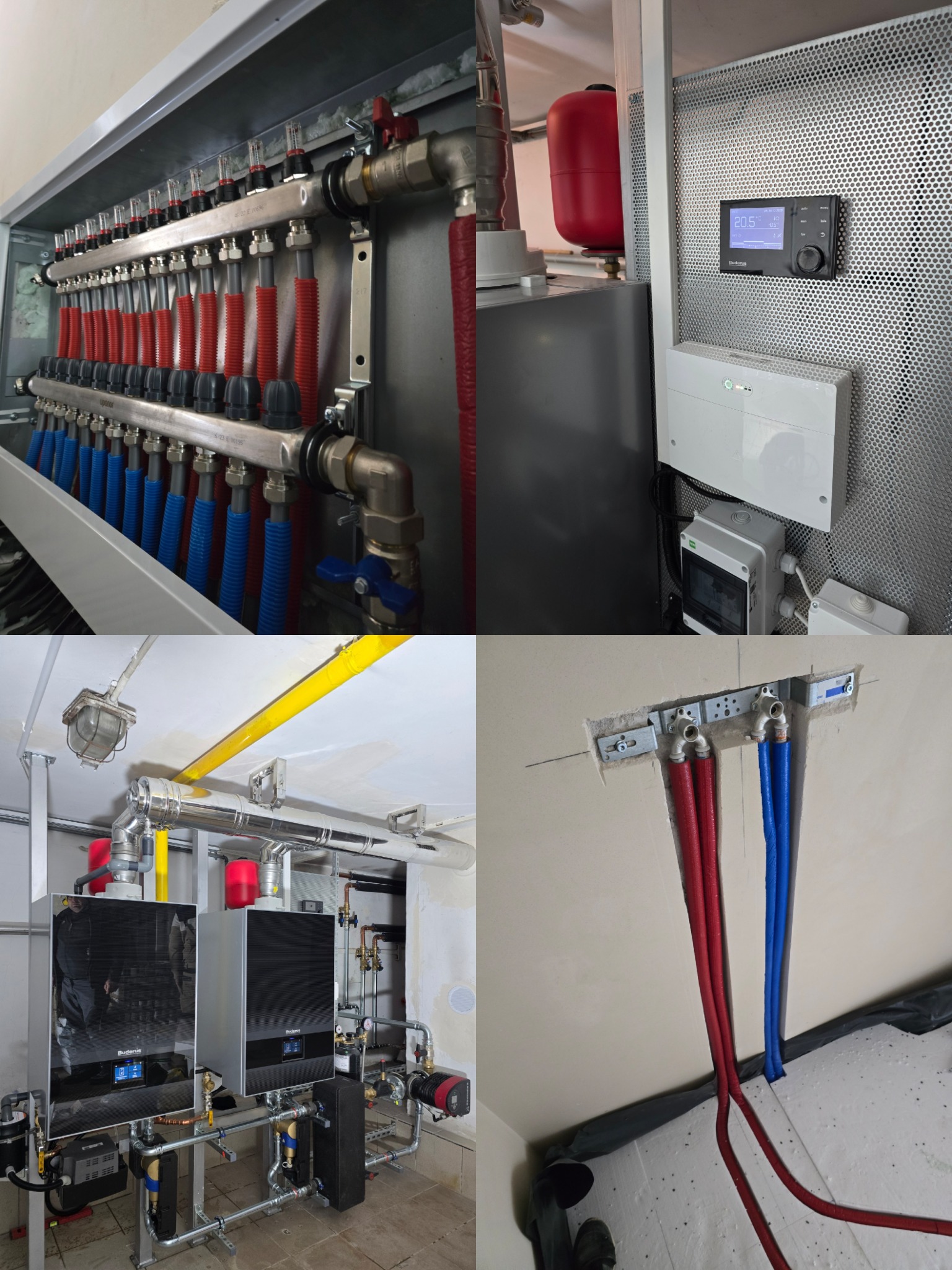 Rozdzielacz ogrzewania podłogowego z rurami w kolorze czerwonym i niebieskim, dwa nowoczesne piece gazowe Buderus, sterownik temperatury na perforowanej ścianie.
