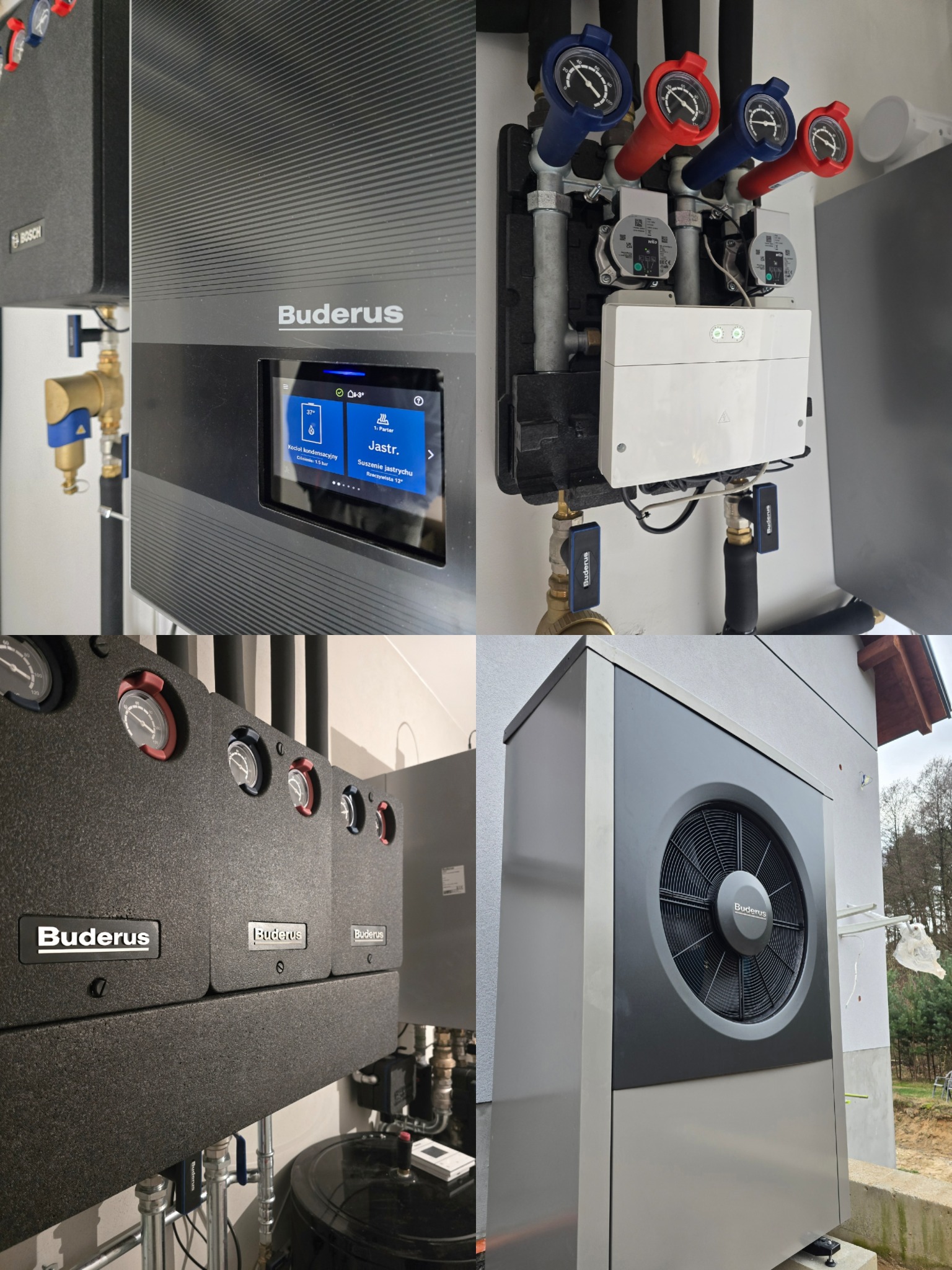 Kompletna instalacja grzewcza Buderus: pompa ciepła na zewnątrz, kotły kondensacyjne z ekranem dotykowym i rozdzielacze z manometrami wewnątrz budynku.
