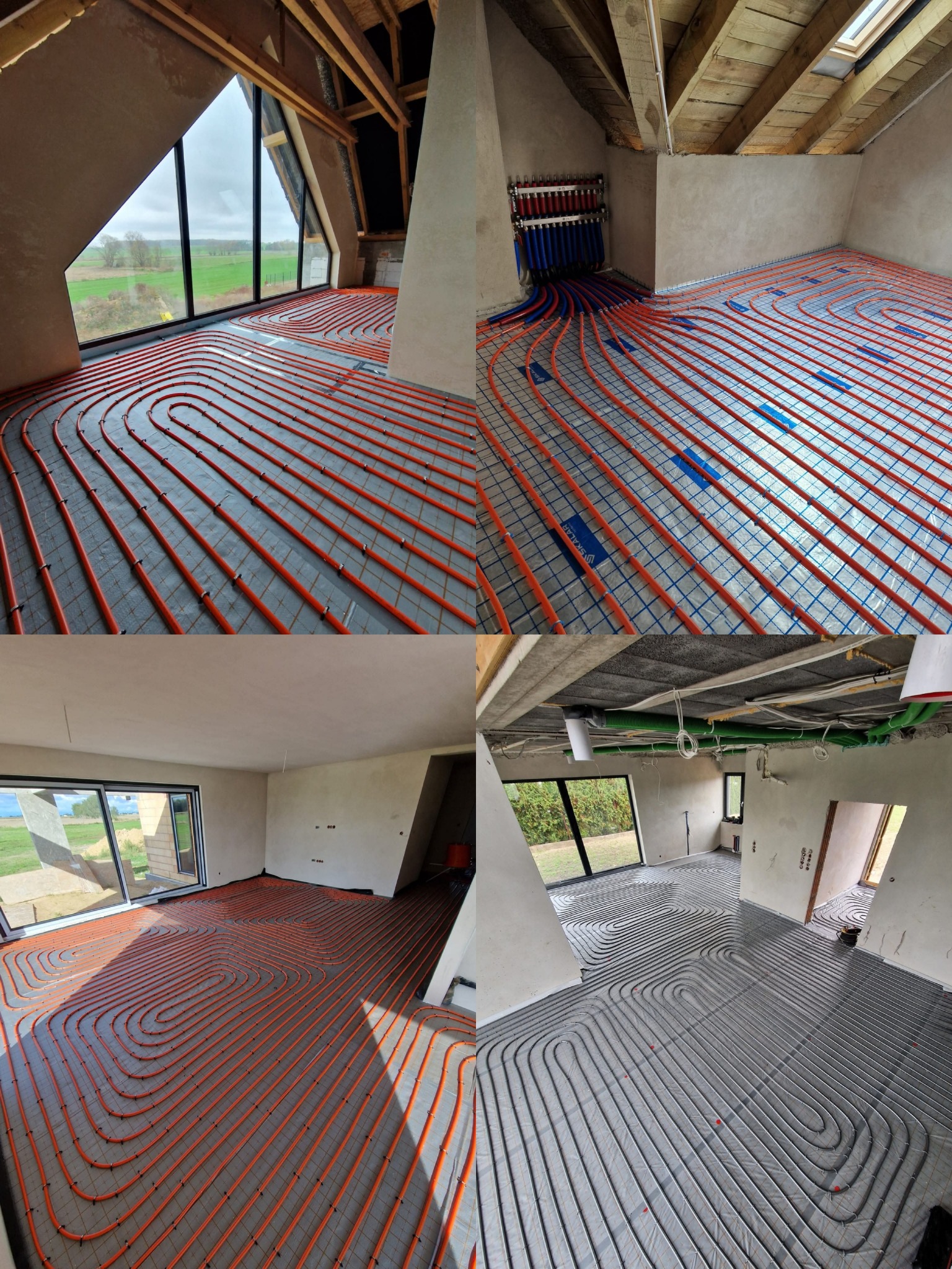 Cztery kadry z montażu ogrzewania podłogowego w surowym wnętrzu poddasza: pomarańczowe rury na szarej macie, widok z okna, rozdzielacz z niebieskimi rurami.