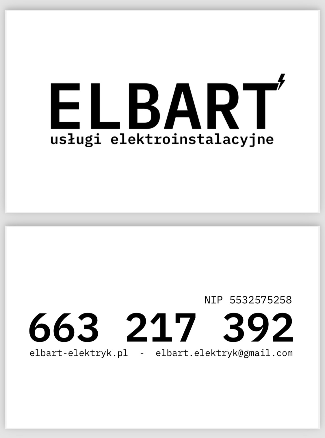 Wizytówka firmy ELBART z numerem NIP, telefonem 663 217 392 i adresem elbart-elektryk.pl, oferującej usługi elektroinstalacyjne.
